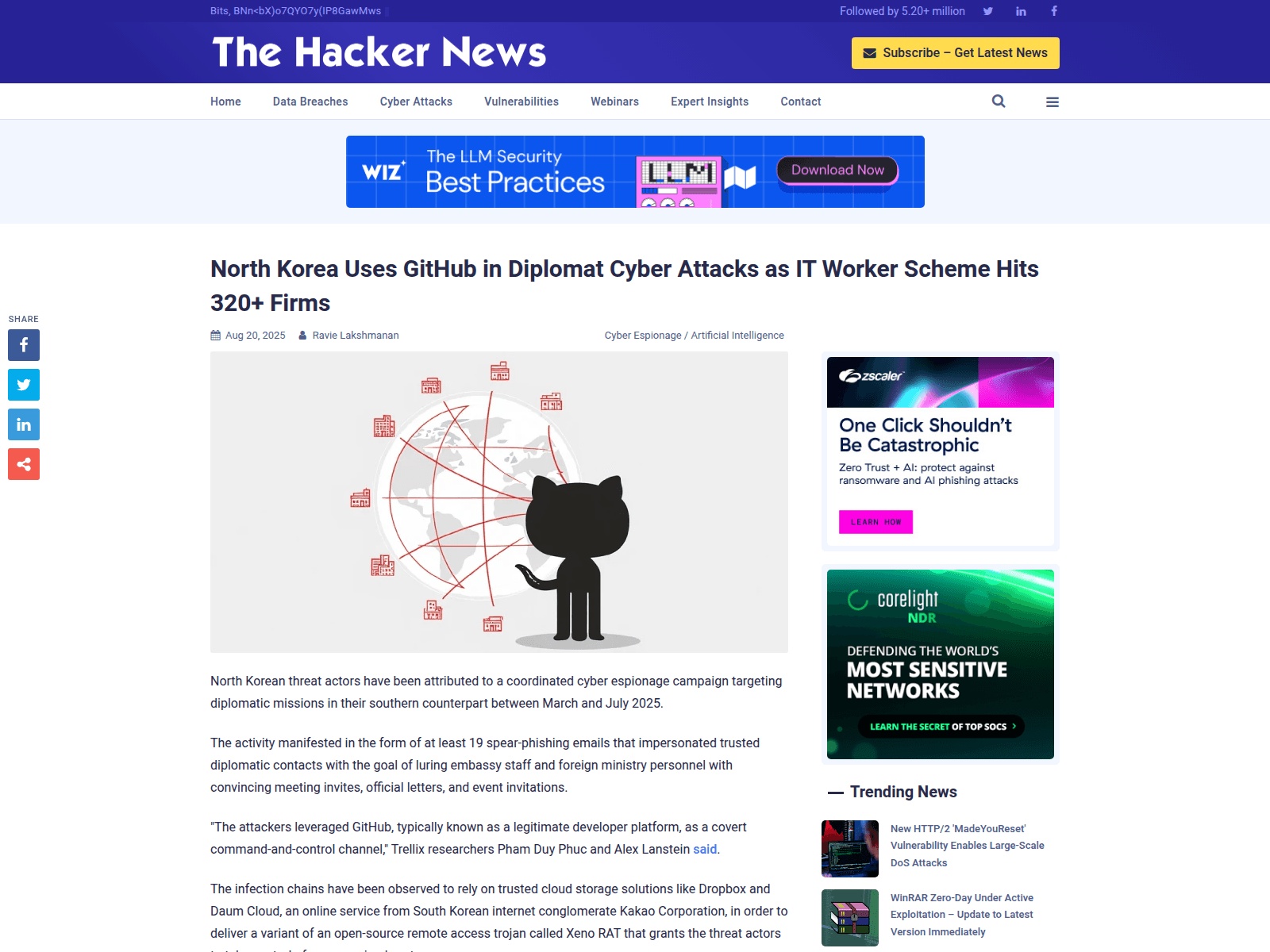 North Korea Uses GitHub in Diplomat Cyber Attacks as IT Worker Scheme Hits 320+ Firms