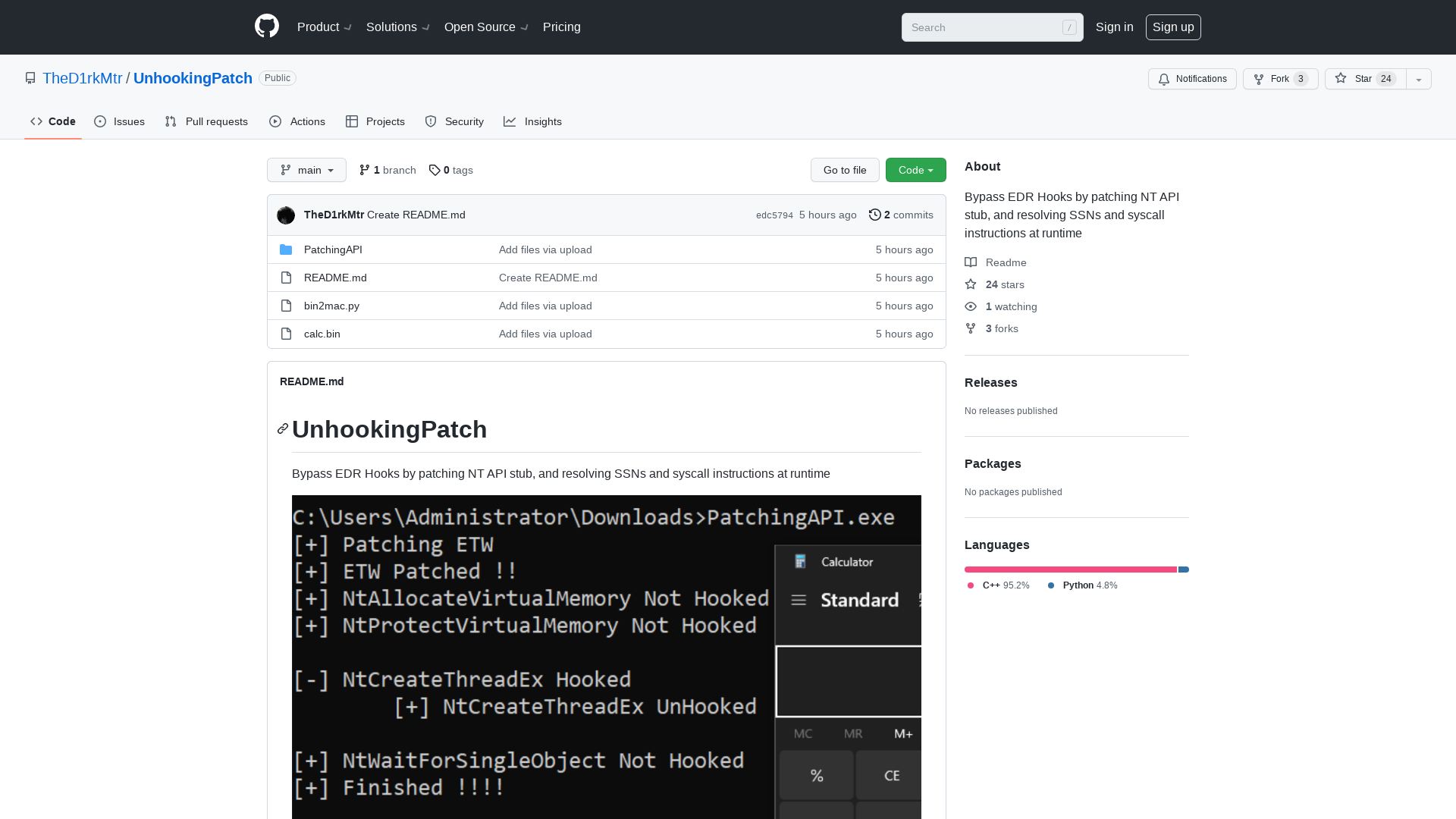 GitHub - TheD1rkMtr/UnhookingPatch: Bypass EDR Hooks by patching NT API stub, and resolving SSNs and syscall instructions at runtime