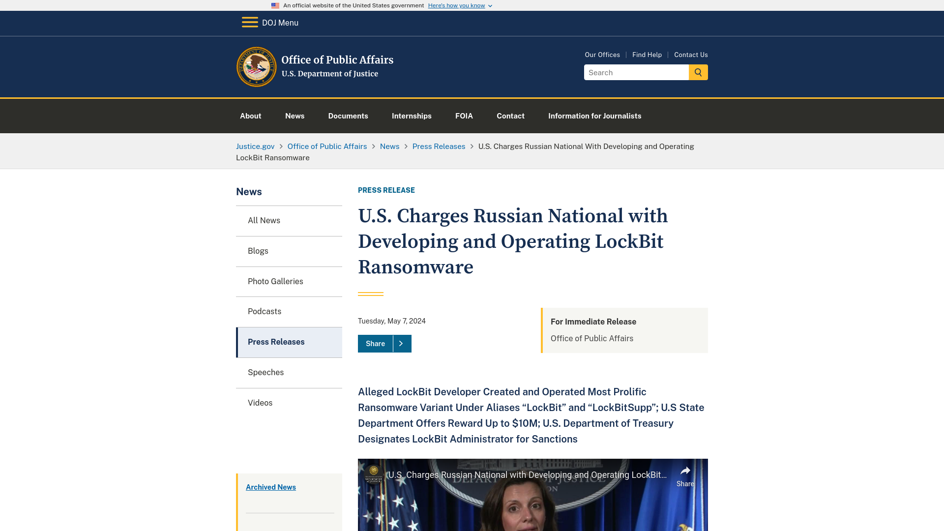 Office of Public Affairs | U.S. Charges Russian National with Developing and Operating LockBit Ransomware | United States Department of Justice