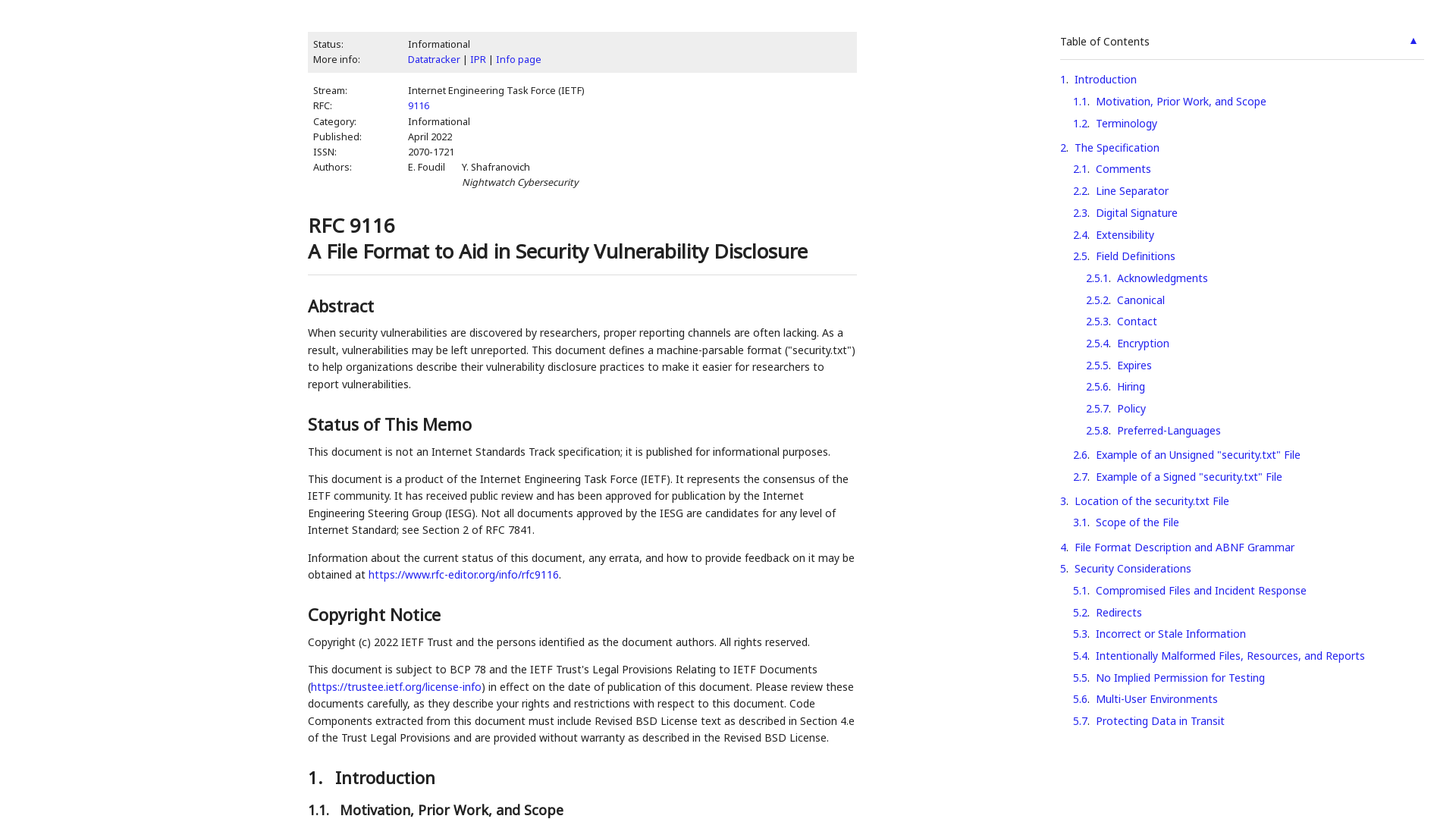 RFC 9116: A File Format to Aid in Security Vulnerability Disclosure