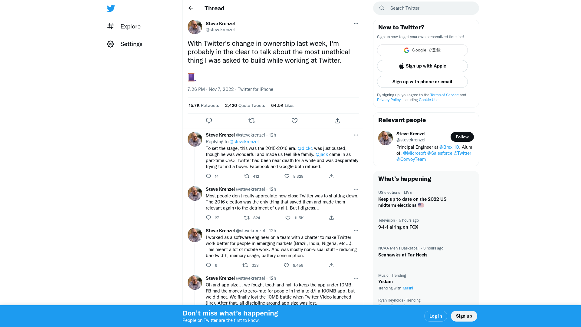 Steve Krenzel on Twitter: "With Twitter's change in ownership last week, I'm probably in the clear to talk about the most unethical thing I was asked to build while working at Twitter. 🧵" / Twitter