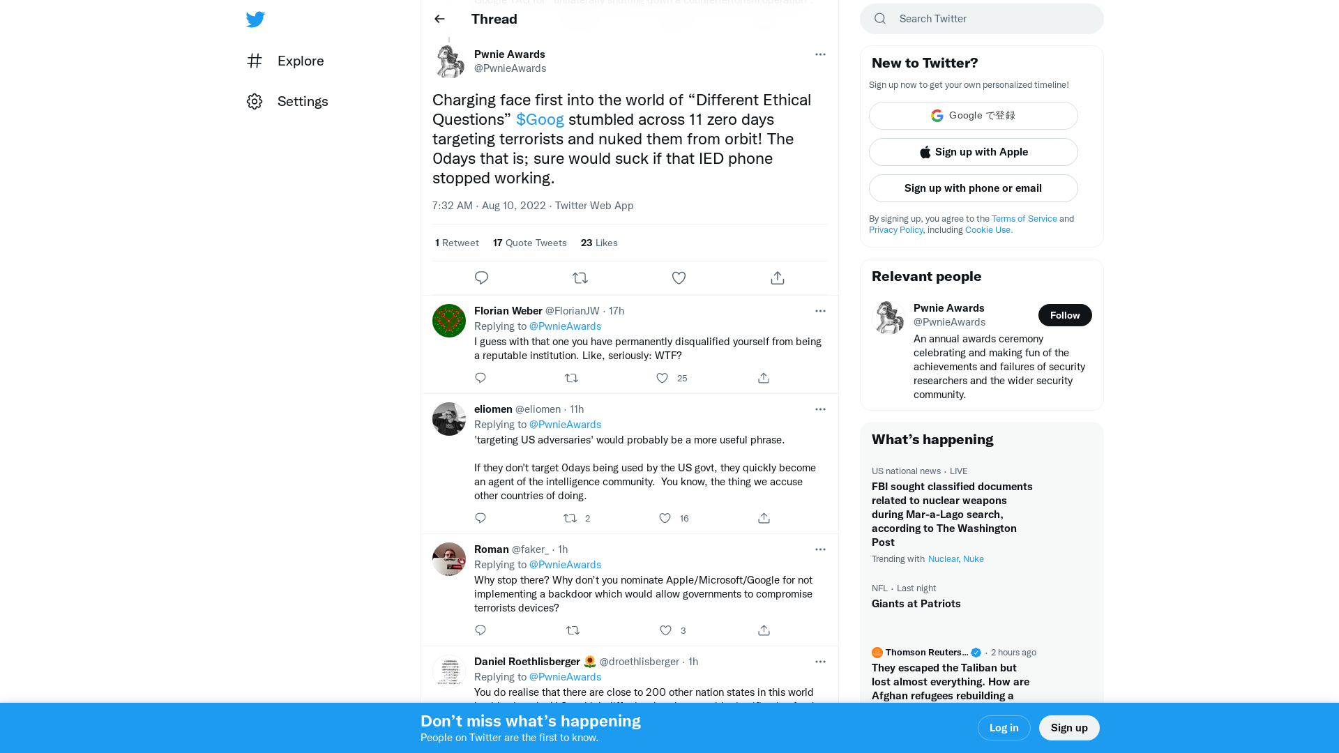Pwnie Awards on Twitter: "Charging face first into the world of “Different Ethical Questions” $Goog stumbled across 11 zero days targeting terrorists and nuked them from orbit! The 0days that is; sure would suck if that IED phone stopped working." / Twitter