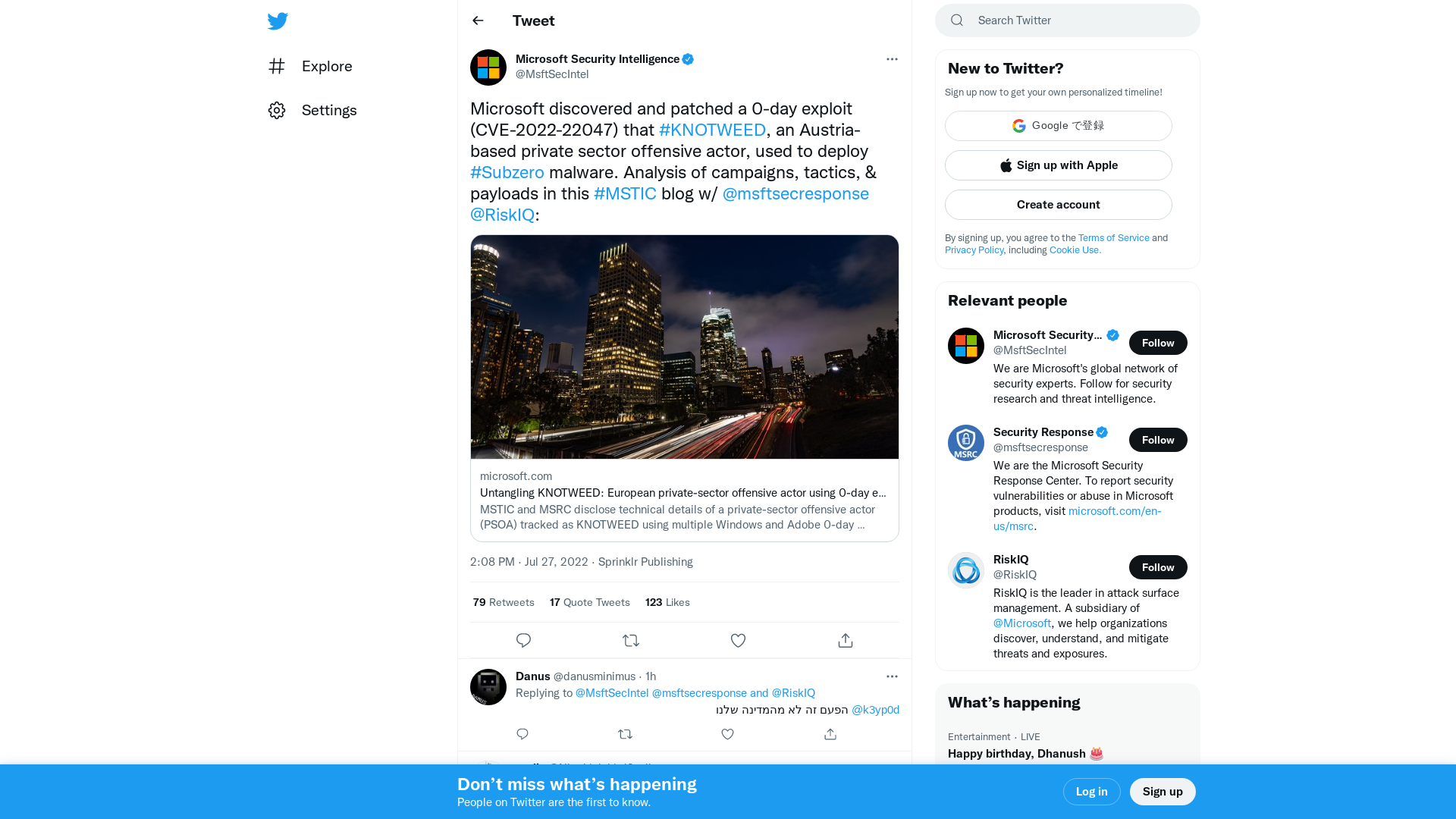 Microsoft Security Intelligence on Twitter: "Microsoft discovered and patched a 0-day exploit (CVE-2022-22047) that #KNOTWEED, an Austria-based private sector offensive actor, used to deploy #Subzero malware. Analysis of campaigns, tactics, & payloads in this #MSTIC blog w/ @msftsecresponse @RiskIQ: https://t.co/9QZbKSo9FA" / Twitter