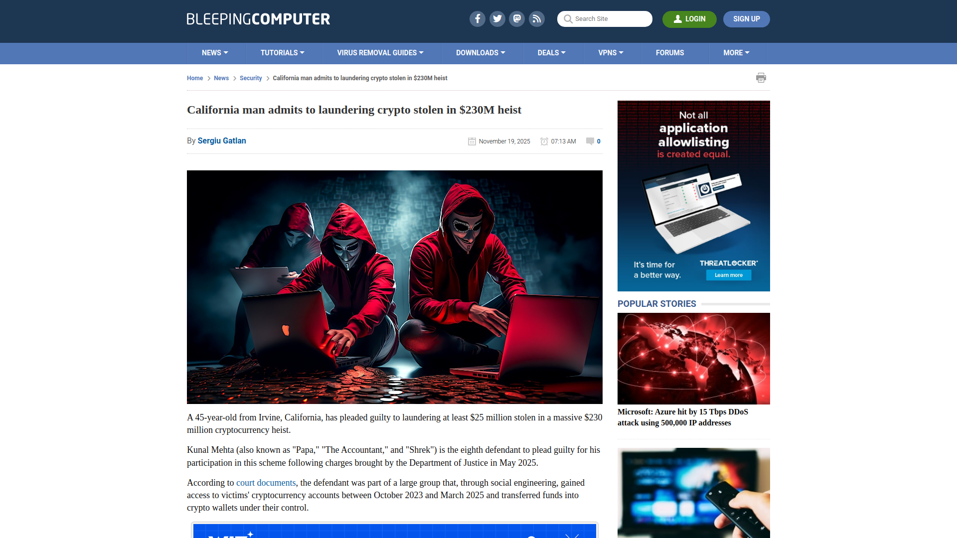 California man admits to laundering crypto stolen in $230M heist