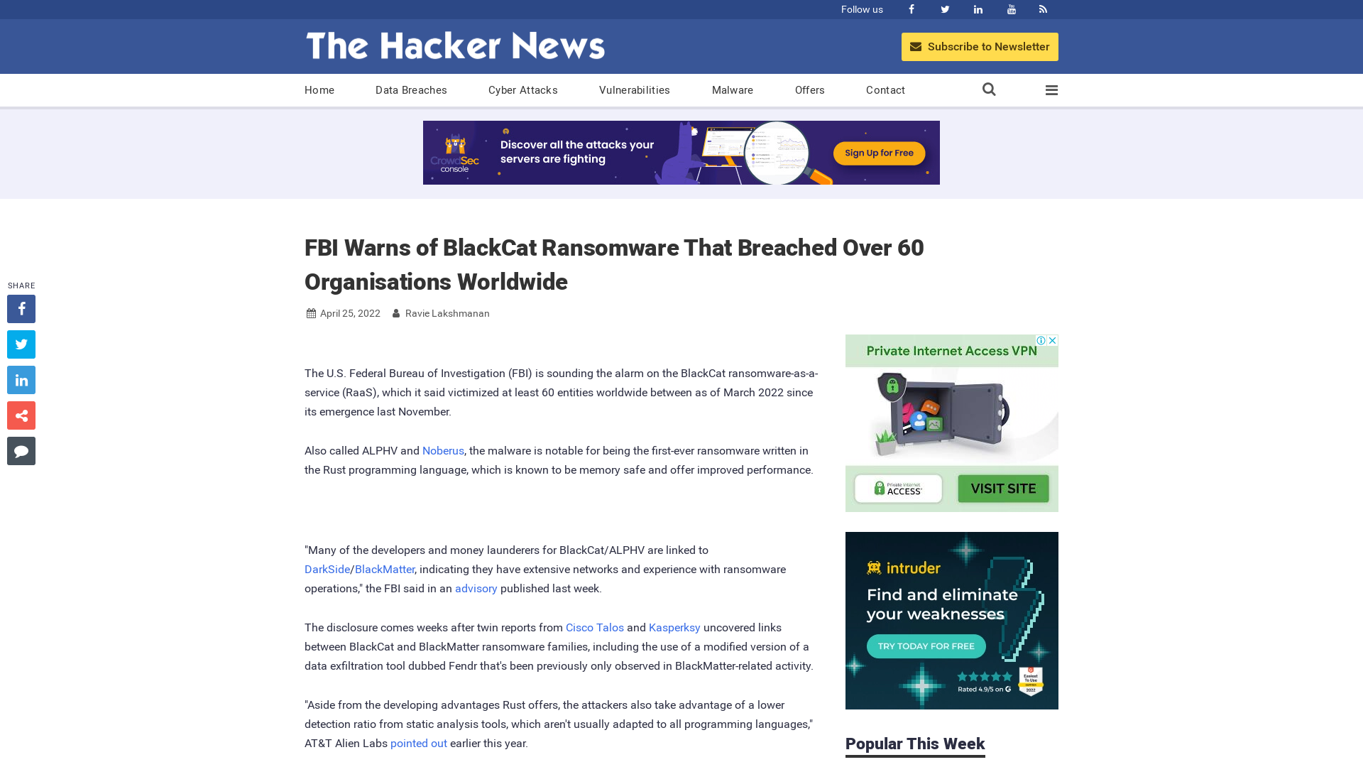 FBI Warns of BlackCat Ransomware That Breached Over 60 Organisations Worldwide
