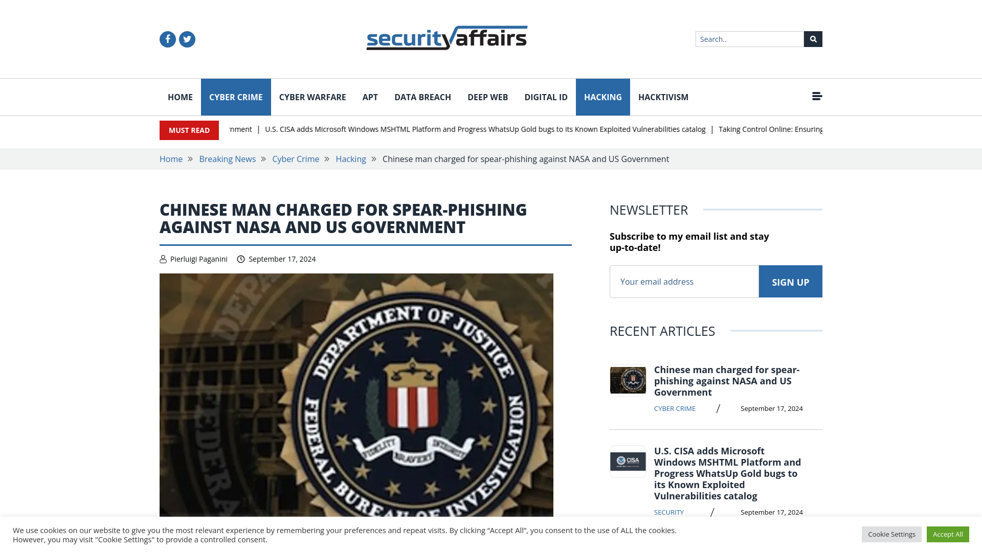 Chinese man charged for spear-phishing against NASA and US Government