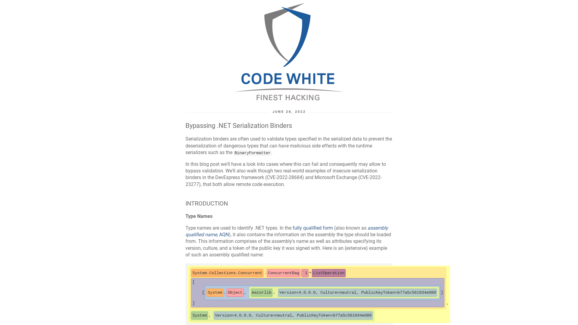 code white | Blog: Bypassing .NET Serialization Binders