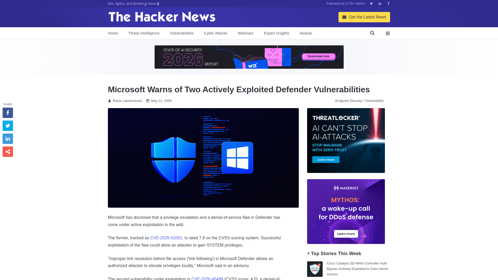 Microsoft Warns of Two Actively Exploited Defender Vulnerabilities