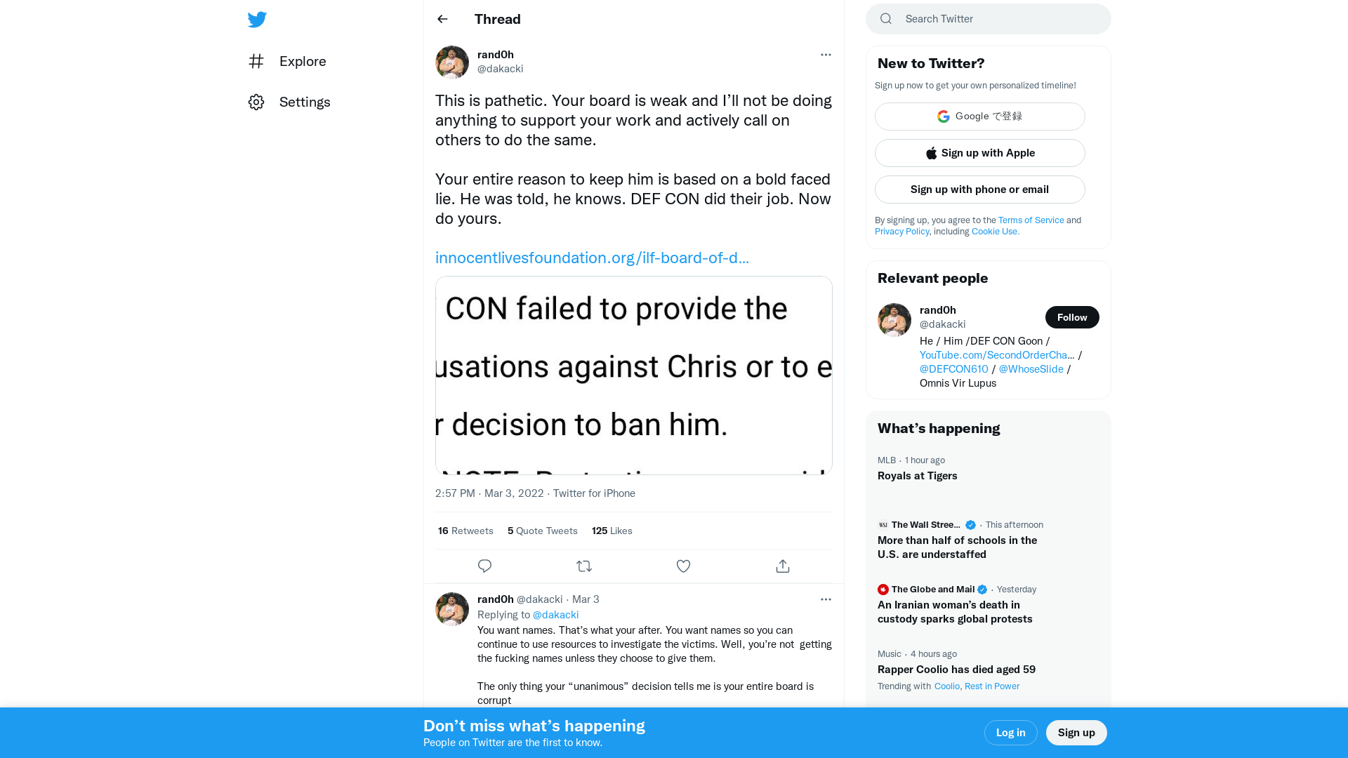 rand0h on Twitter: "This is pathetic. Your board is weak and I’ll not be doing anything to support your work and actively call on others to do the same. Your entire reason to keep him is based on a bold faced lie. He was told, he knows. DEF CON did their job. Now do yours. https://t.co/CESWhJviQ7 https://t.co/XIhjmMFoMi" / Twitter
