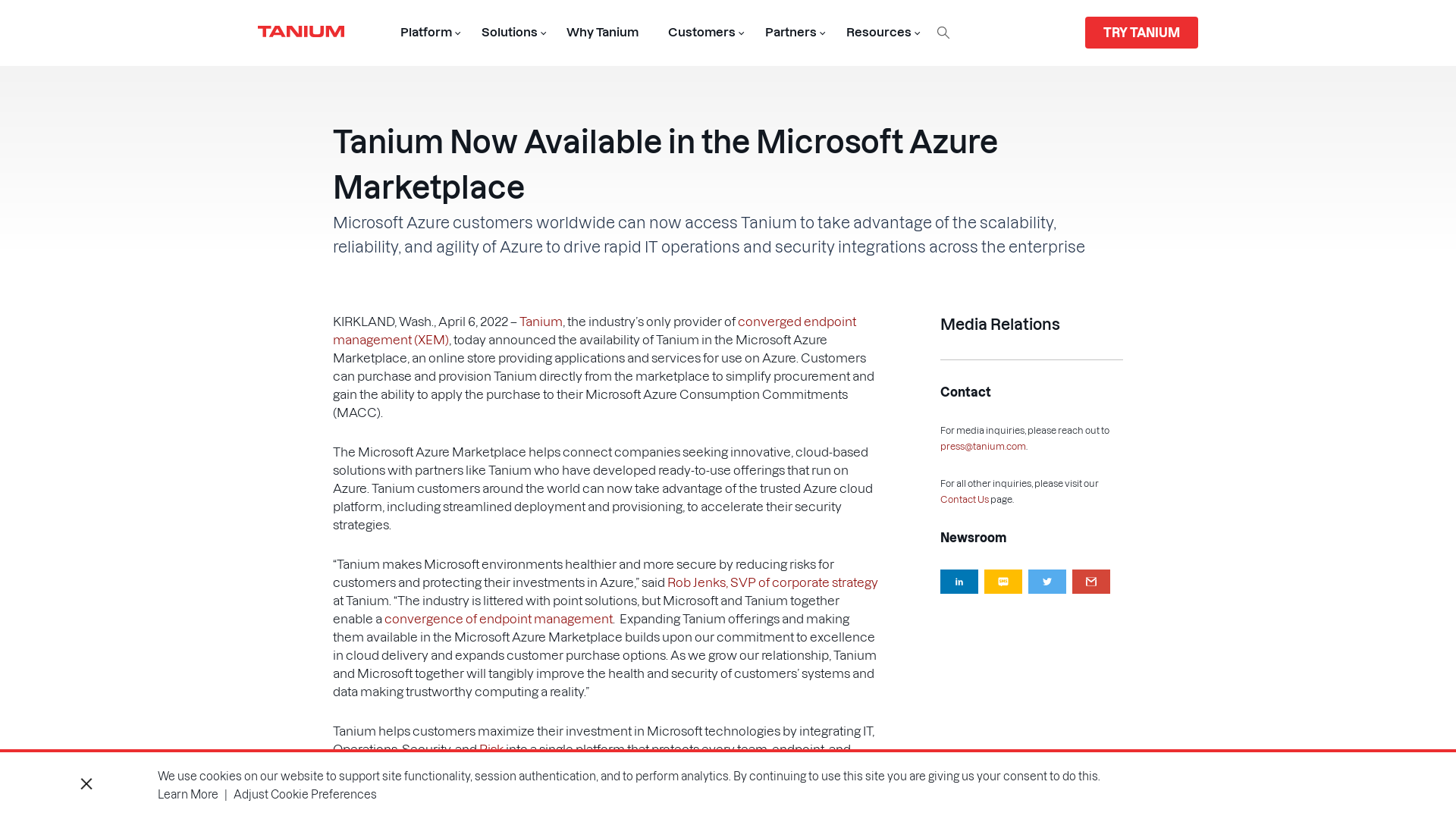 Tanium Now Available in the Microsoft Azure Marketplace | Tanium