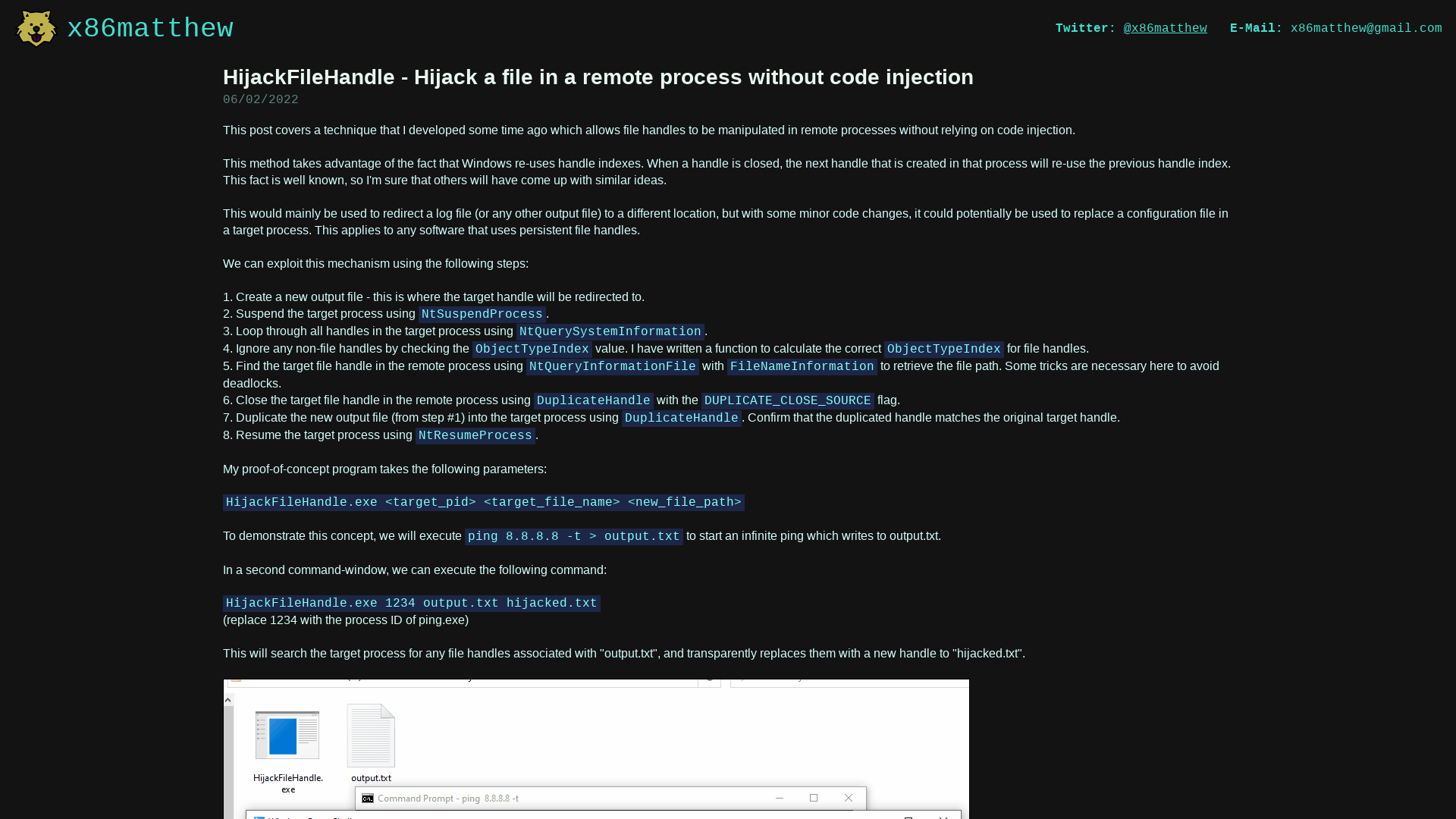 x86matthew - HijackFileHandle - Hijack a file in a remote process without code injection