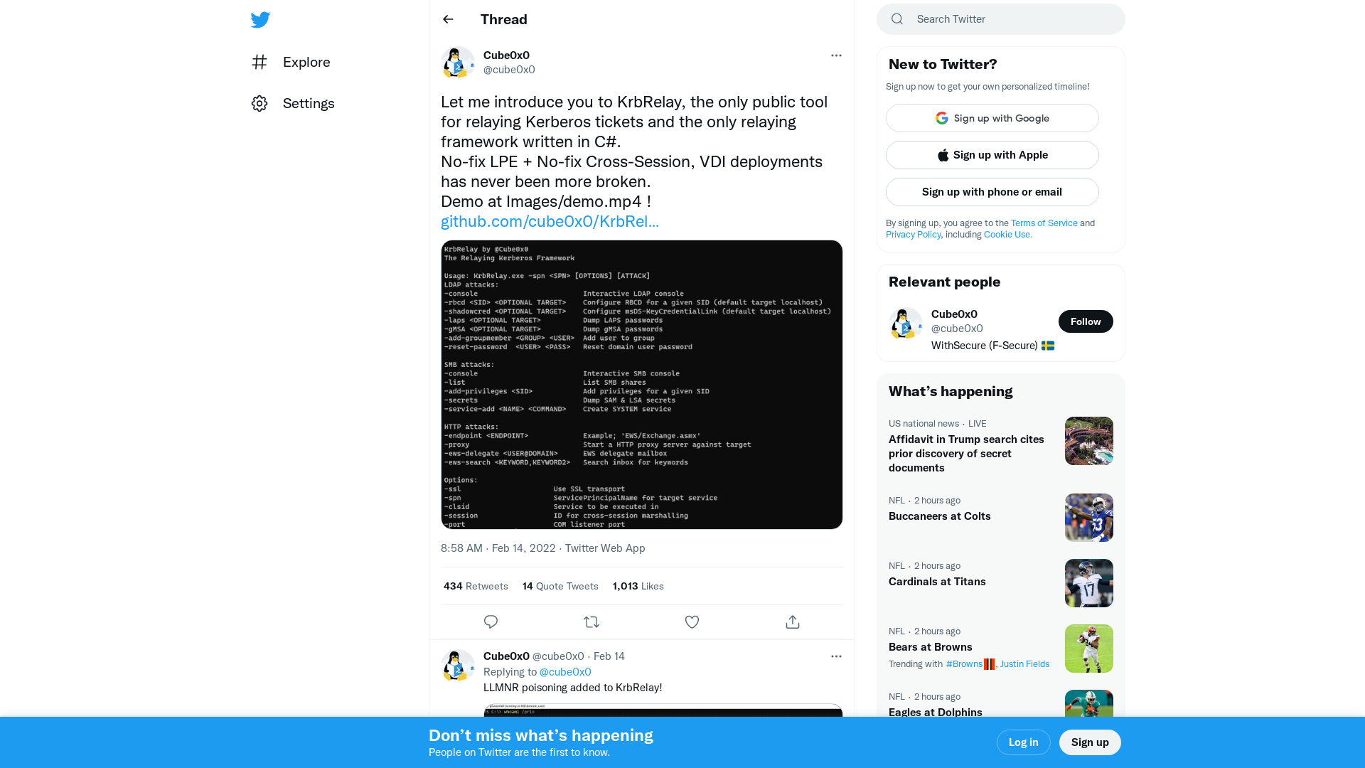 Cube0x0 on Twitter: "Let me introduce you to KrbRelay, the only public tool for relaying Kerberos tickets and the only relaying framework written in C#. No-fix LPE + No-fix Cross-Session, VDI deployments has never been more broken. Demo at Images/demo.mp4 ! https://t.co/xmZM1X7lqI https://t.co/bcwcNSs3bf" / Twitter