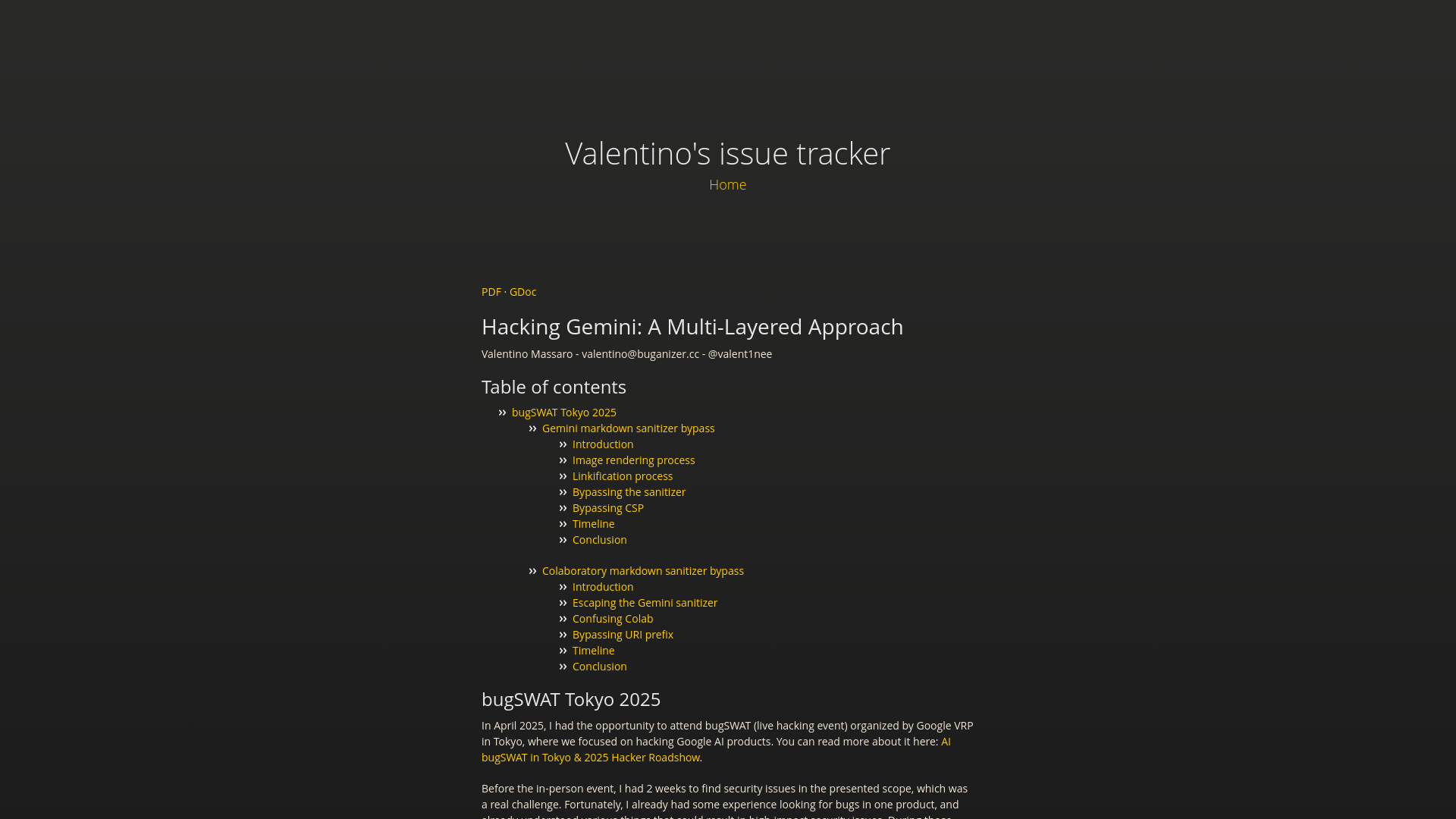Valentino’s issue tracker