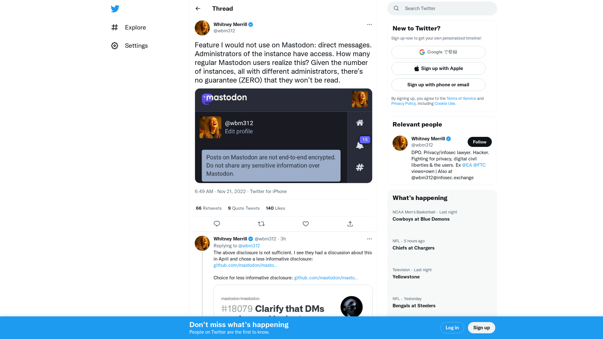 Whitney Merrill on Twitter: "Feature I would not use on Mastodon: direct messages. Administrators of the instance have access. How many regular Mastodon users realize this? Given the number of instances, all with different administrators, there’s no guarantee (ZERO) that they won’t be read. https://t.co/O20oJv4925" / Twitter