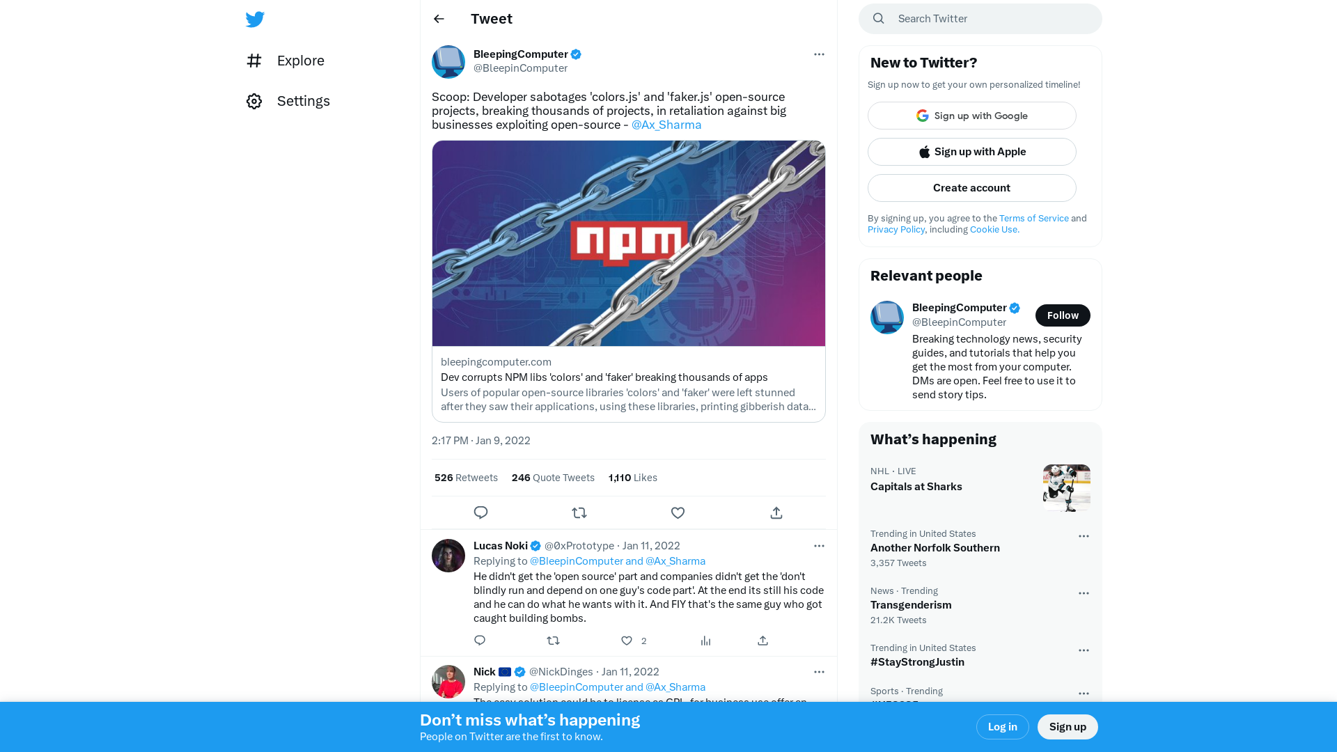 BleepingComputer on Twitter: "Scoop: Developer sabotages 'colors.js' and 'faker.js' open-source projects, breaking thousands of projects, in retaliation against big businesses exploiting open-source - @Ax_Sharma https://t.co/qHU5vYhjYz" / Twitter