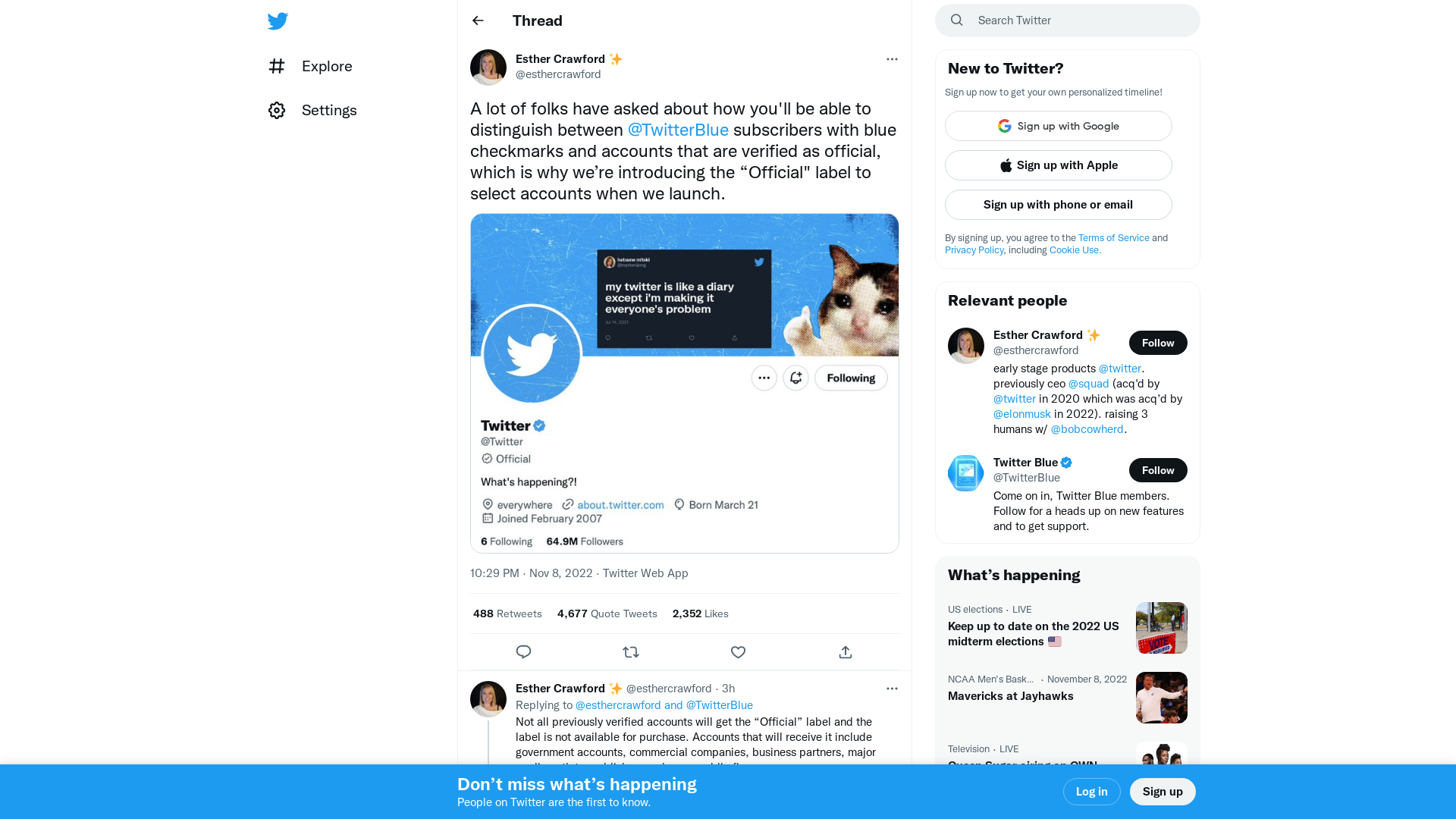 Esther Crawford ✨ on Twitter: "A lot of folks have asked about how you'll be able to distinguish between @TwitterBlue subscribers with blue checkmarks and accounts that are verified as official, which is why we’re introducing the “Official" label to select accounts when we launch. https://t.co/0p2Ae5nWpO" / Twitter