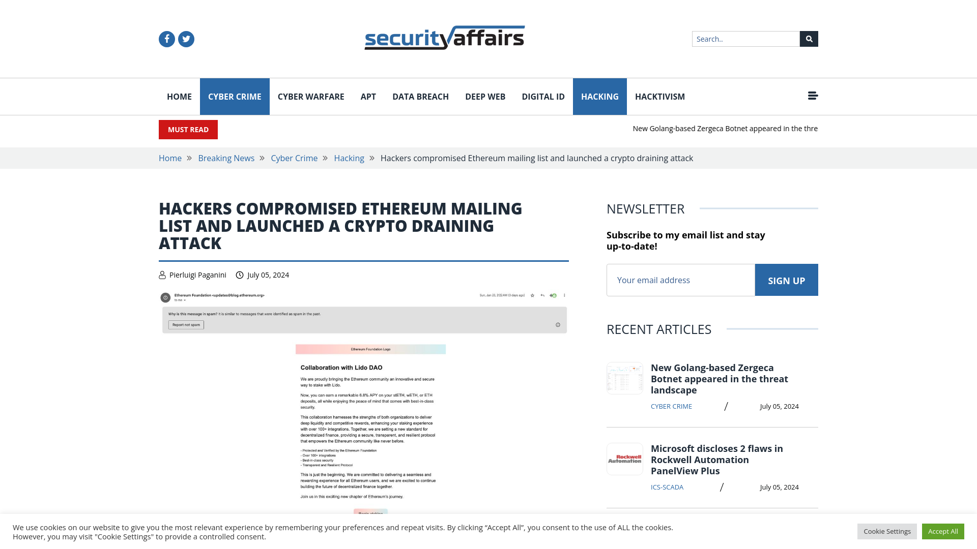 Hackers compromised Ethereum mailing list and launched a crypto draining attack