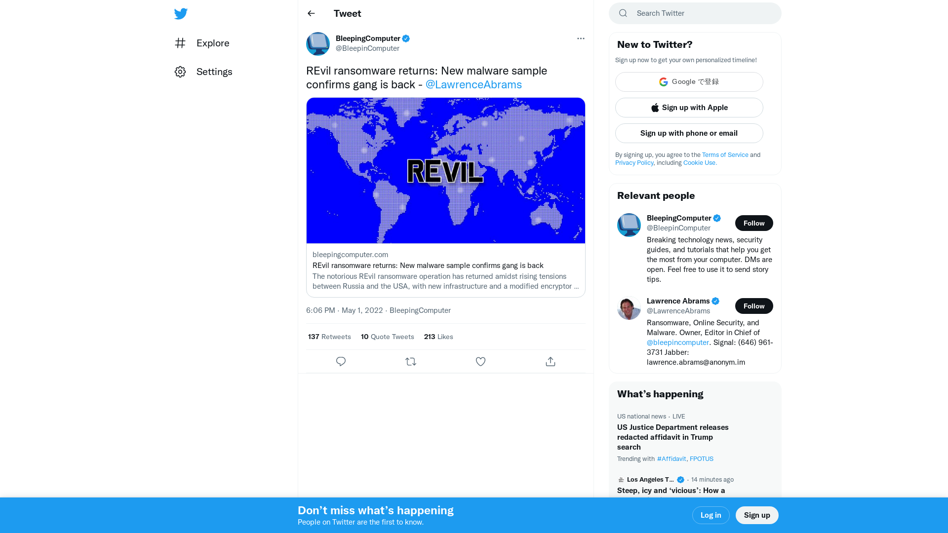 BleepingComputer on Twitter: "REvil ransomware returns: New malware sample confirms gang is back - @LawrenceAbrams https://t.co/toDWKruG6V" / Twitter
