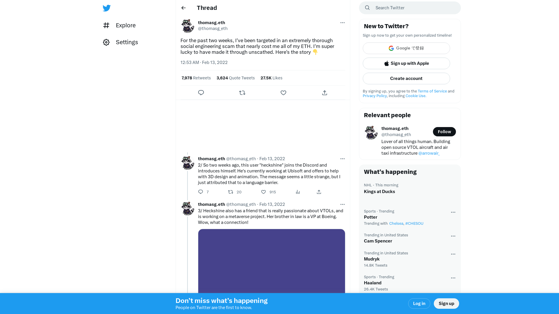 thomasg.eth on Twitter: "For the past two weeks, I've been targeted in an extremely thorough social engineering scam that nearly cost me all of my ETH. I'm super lucky to have made it through unscathed. Here's the story 👇" / Twitter