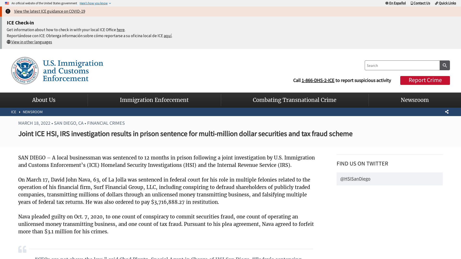 Joint ICE HSI, IRS investigation results in prison sentence for multi-million dollar securities and tax fraud scheme | ICE