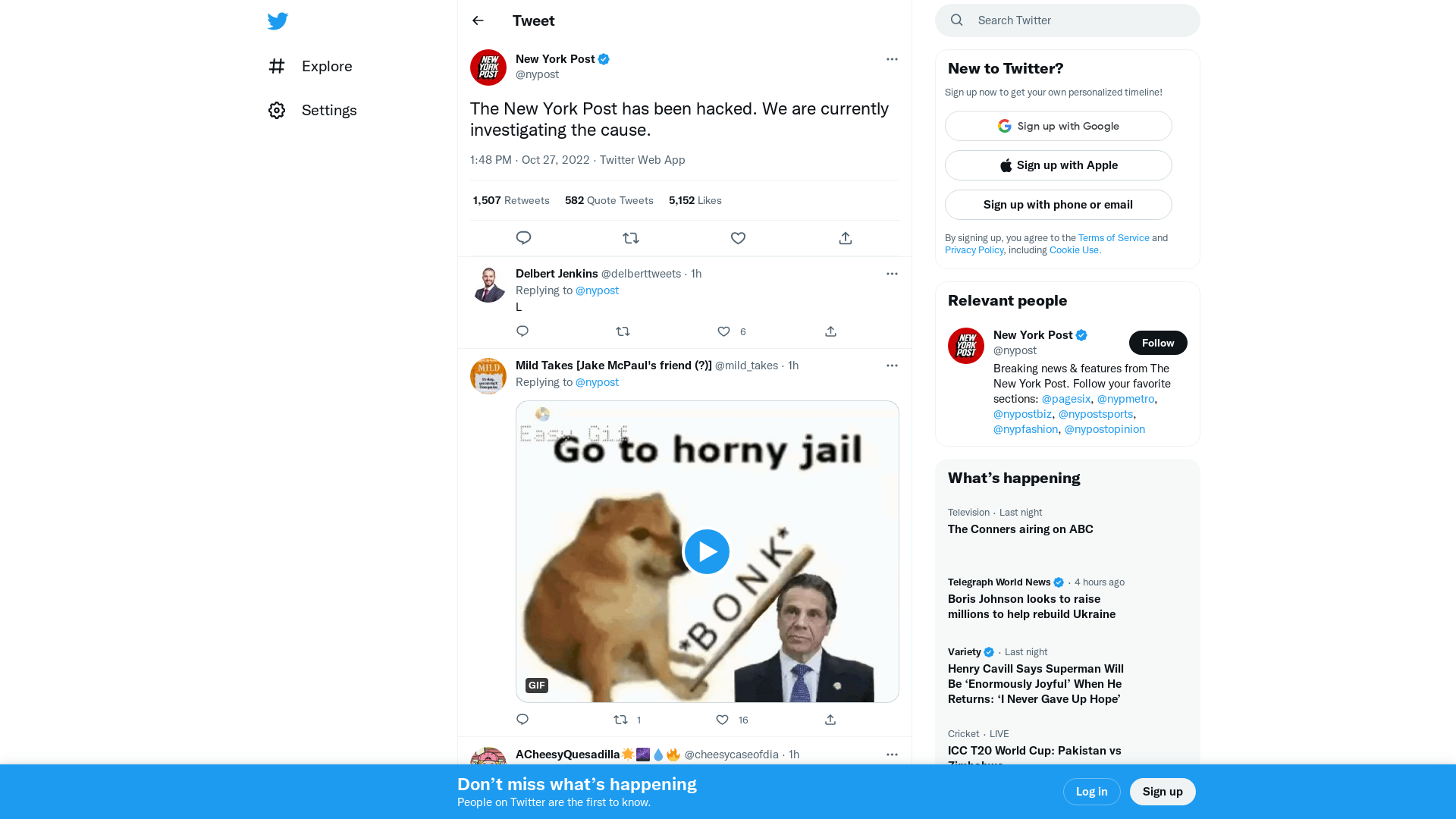 New York Post on Twitter: "The New York Post has been hacked. We are currently investigating the cause." / Twitter