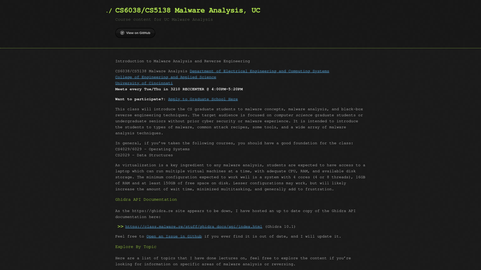 CS6038/CS5138 Malware Analysis, UC by ckane