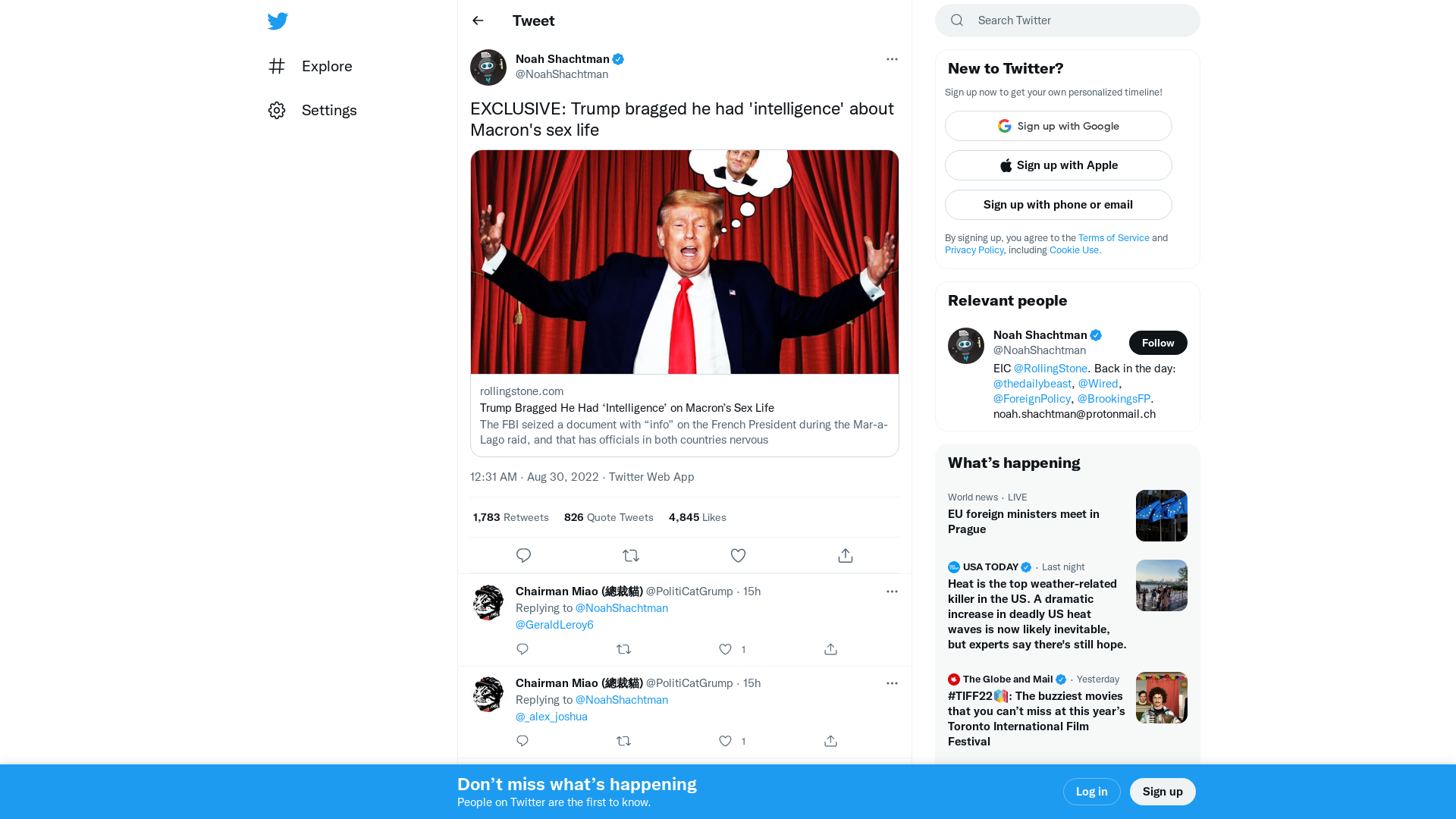 Noah Shachtman on Twitter: "EXCLUSIVE: Trump bragged he had 'intelligence' about Macron's sex life https://t.co/rgqHWDBkyo" / Twitter