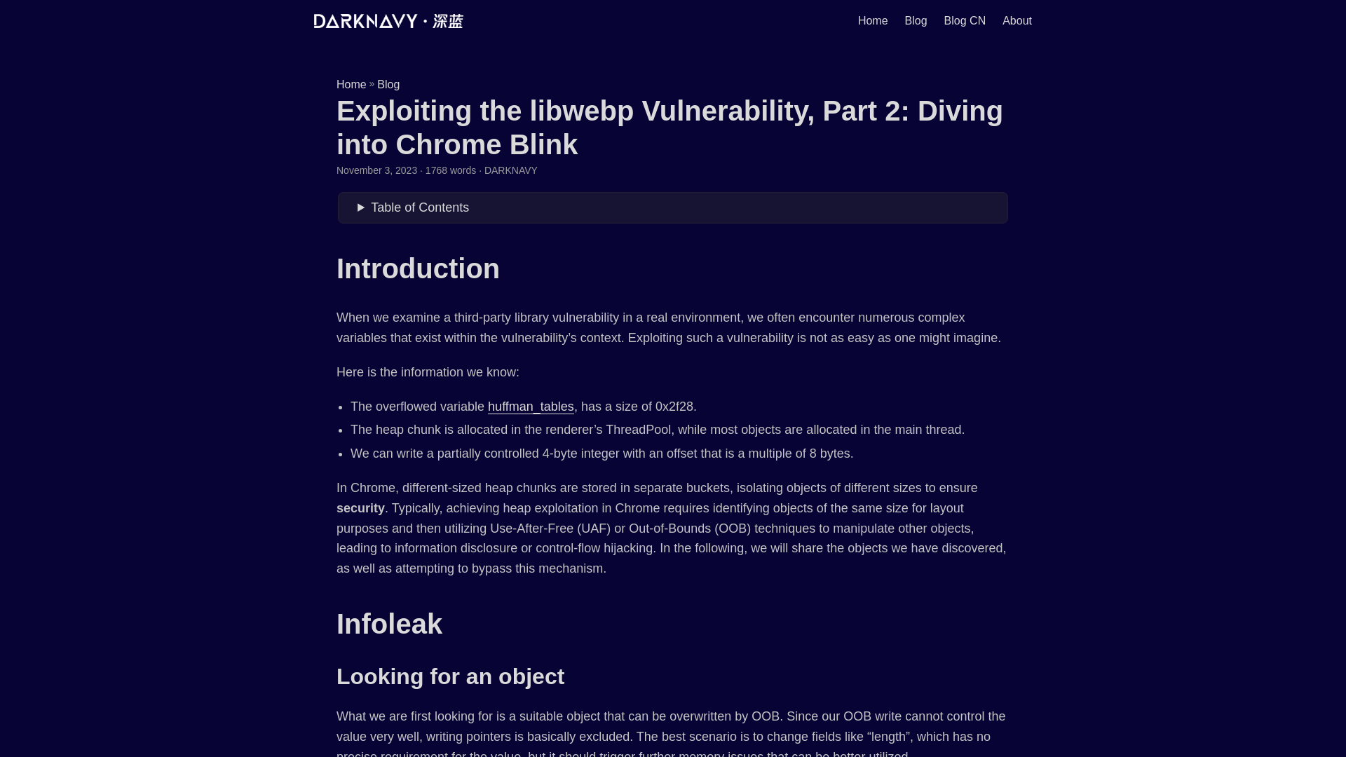 Exploiting the libwebp Vulnerability, Part 2: Diving into Chrome Blink | DARKNAVY