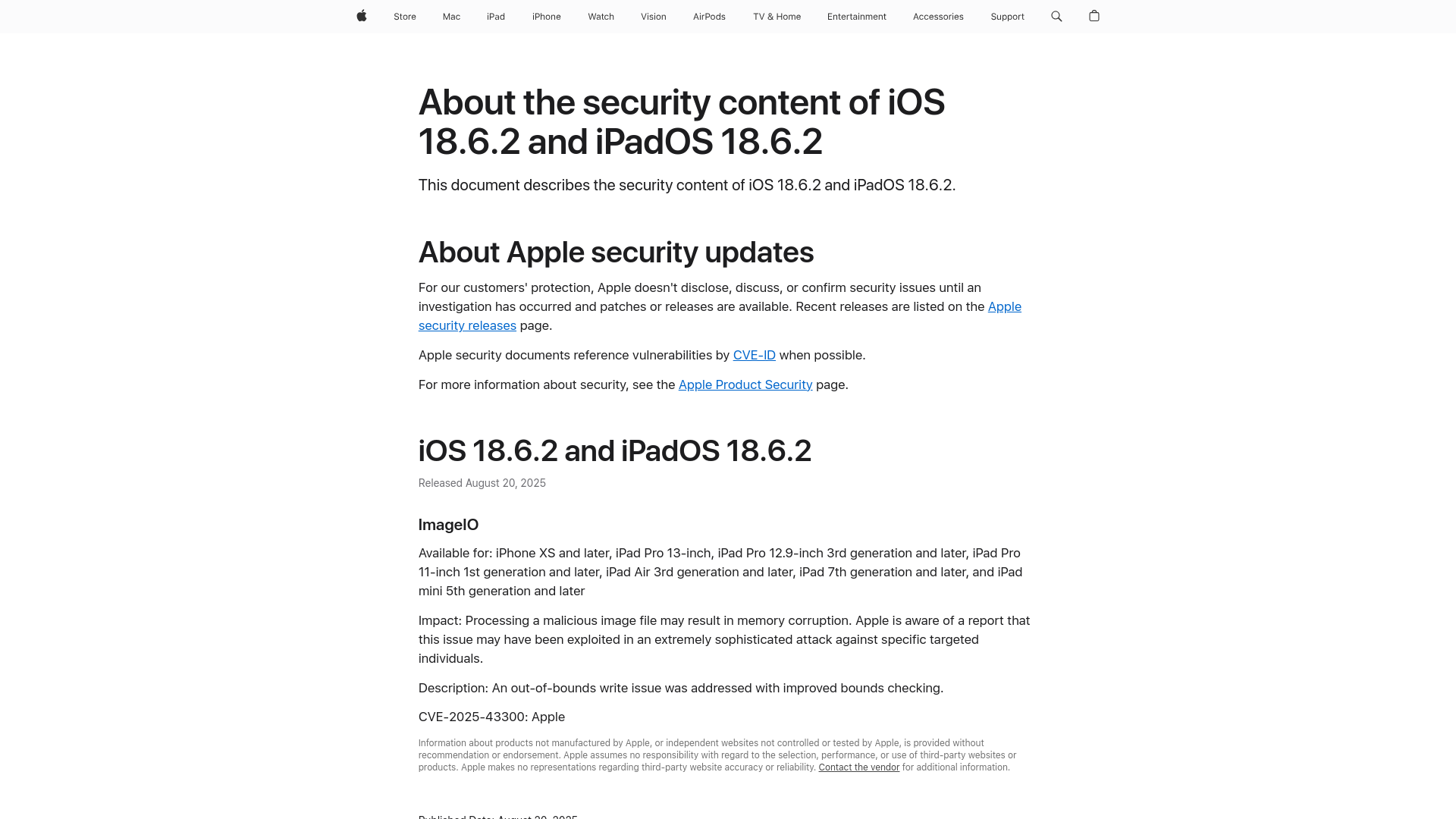 About the security content of iOS 18.6.2 and iPadOS 18.6.2 - Apple Support