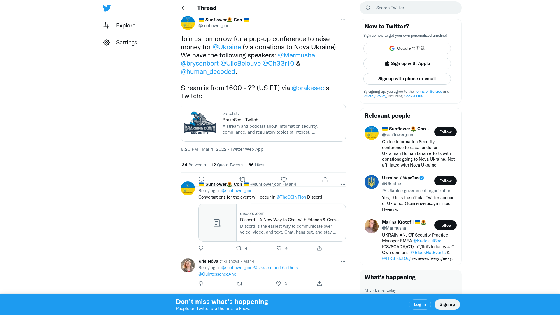 🇺🇦 Sunflower🌻 Con 🇺🇦 on Twitter: "Join us tomorrow for a pop-up conference to raise money for @Ukraine (via donations to Nova Ukraine). We have the following speakers: @Marmusha @brysonbort @UlicBelouve @Ch33r10 &amp; @human_decoded. Stream is from 1600 - ?? (US ET) via @brakesec's Twitch: https://t.co/pZdm3exAA3" / Twitter