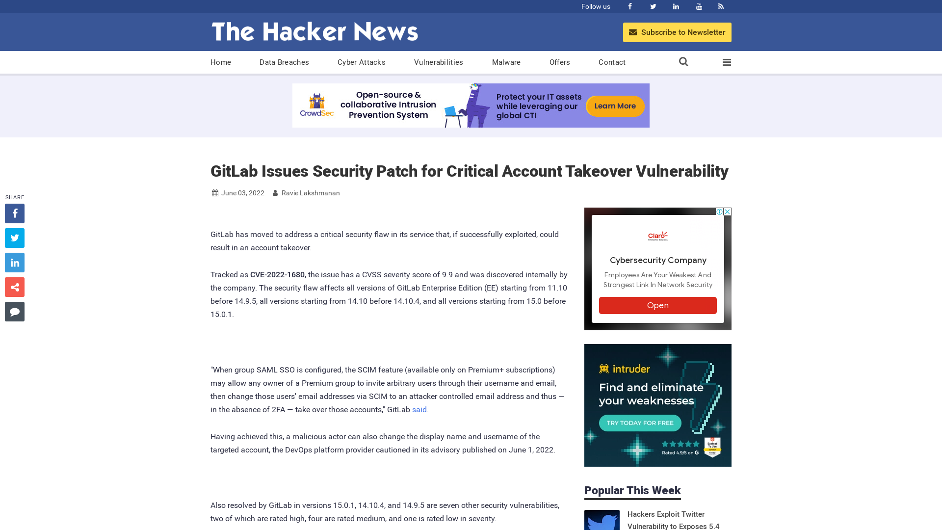 GitLab Issues Security Patch for Critical Account Takeover Vulnerability