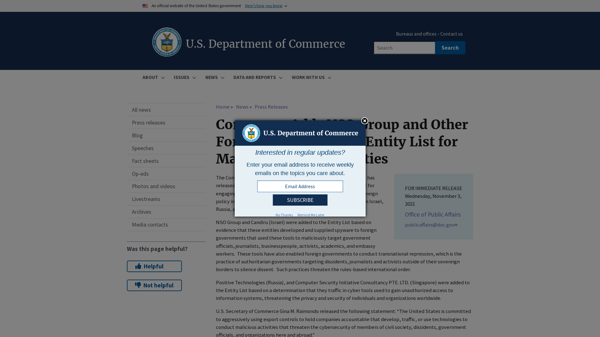 Commerce Adds NSO Group and Other Foreign Companies to Entity List for Malicious Cyber Activities | U.S. Department of Commerce