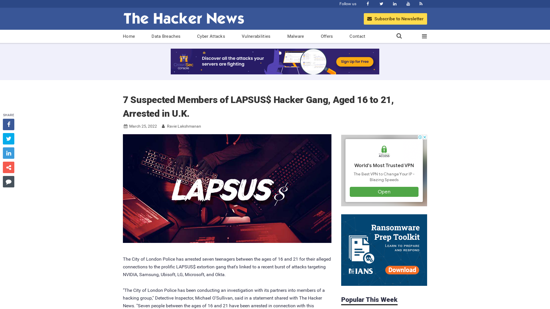 7 Suspected Members of LAPSUS$ Hacker Gang, Aged 16 to 21, Arrested in U.K.