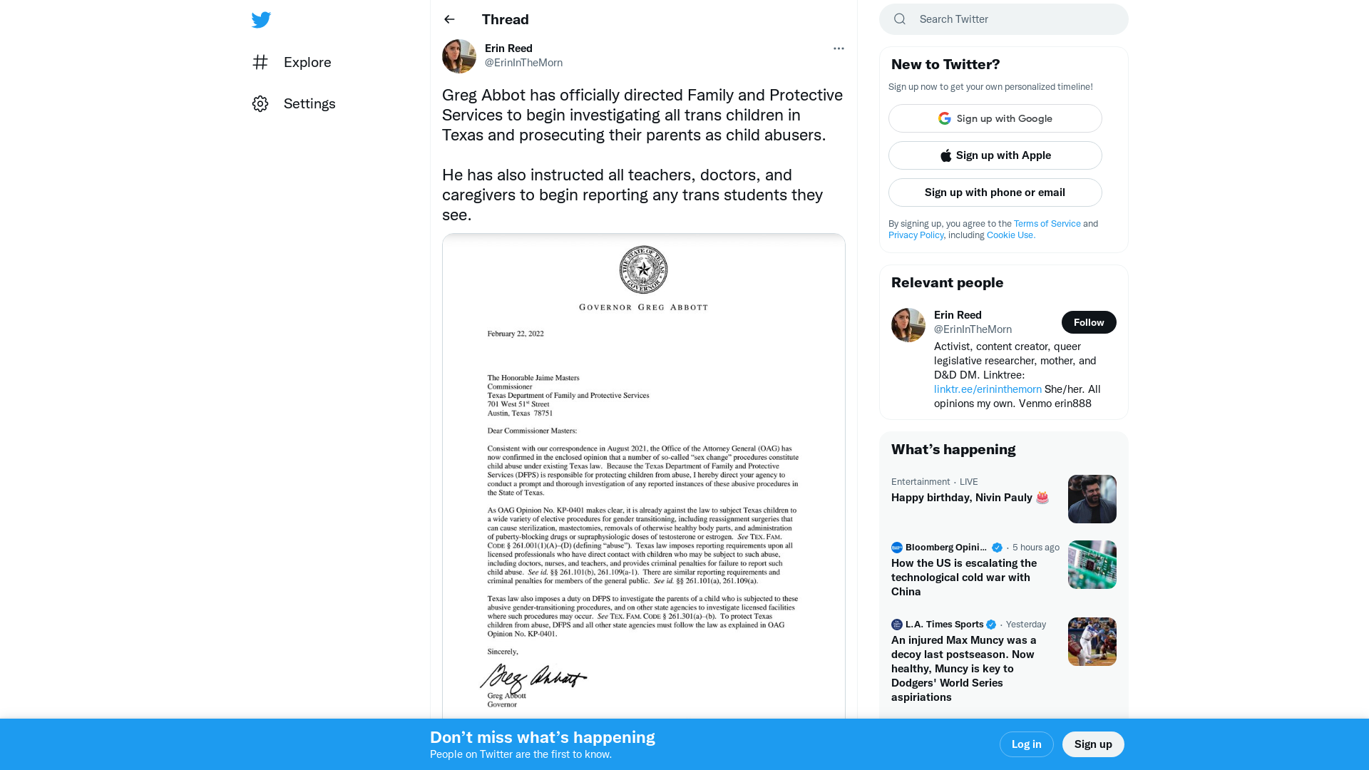 Erin Reed on Twitter: "Greg Abbot has officially directed Family and Protective Services to begin investigating all trans children in Texas and prosecuting their parents as child abusers. He has also instructed all teachers, doctors, and caregivers to begin reporting any trans students they see. https://t.co/AO4FdYNuym" / Twitter