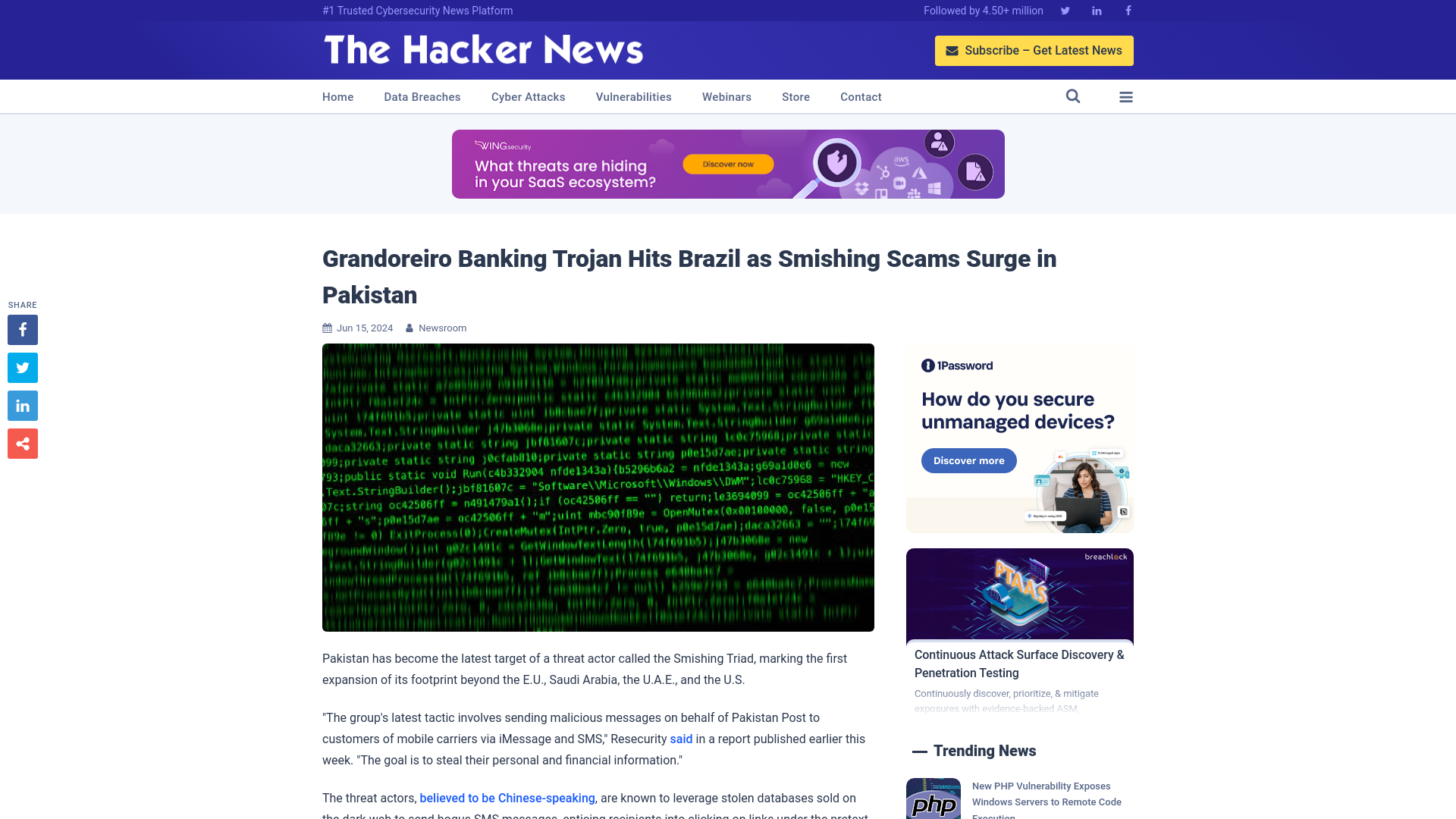 Grandoreiro Banking Trojan Hits Brazil as Smishing Scams Surge in Pakistan