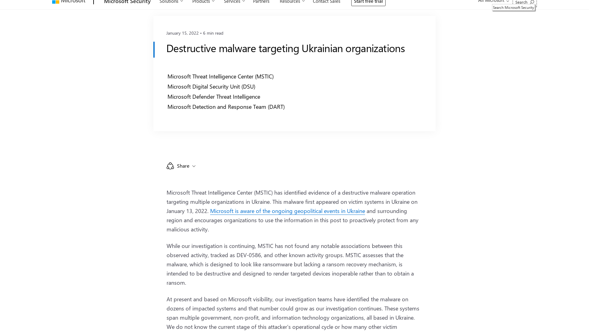 Destructive malware targeting Ukrainian organizations - Microsoft Security Blog