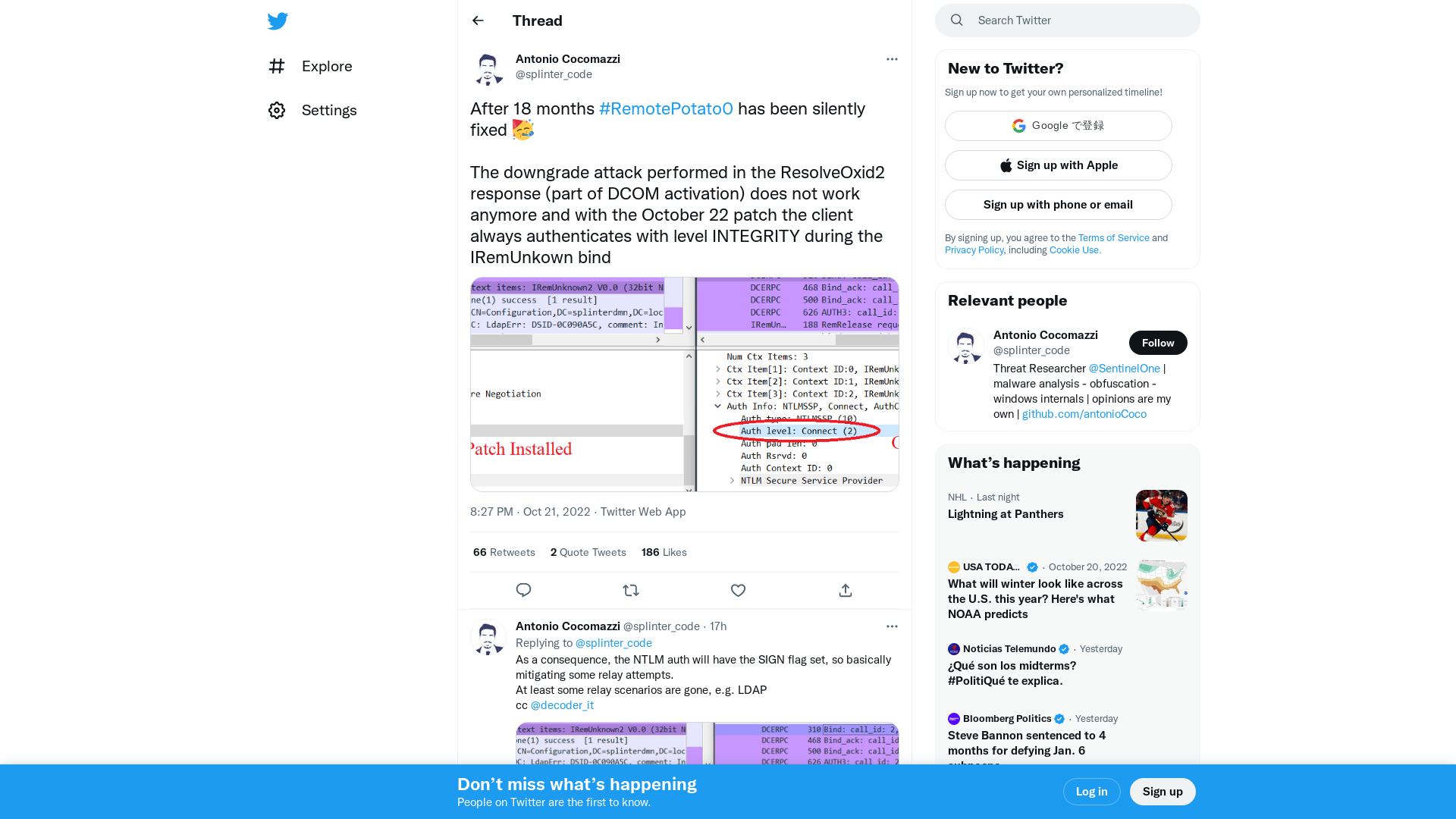 Antonio Cocomazzi on Twitter: "After 18 months #RemotePotato0 has been silently fixed 🥳 The downgrade attack performed in the ResolveOxid2 response (part of DCOM activation) does not work anymore and with the October 22 patch the client always authenticates with level INTEGRITY during the IRemUnkown bind https://t.co/UdRSgOd9cV" / Twitter