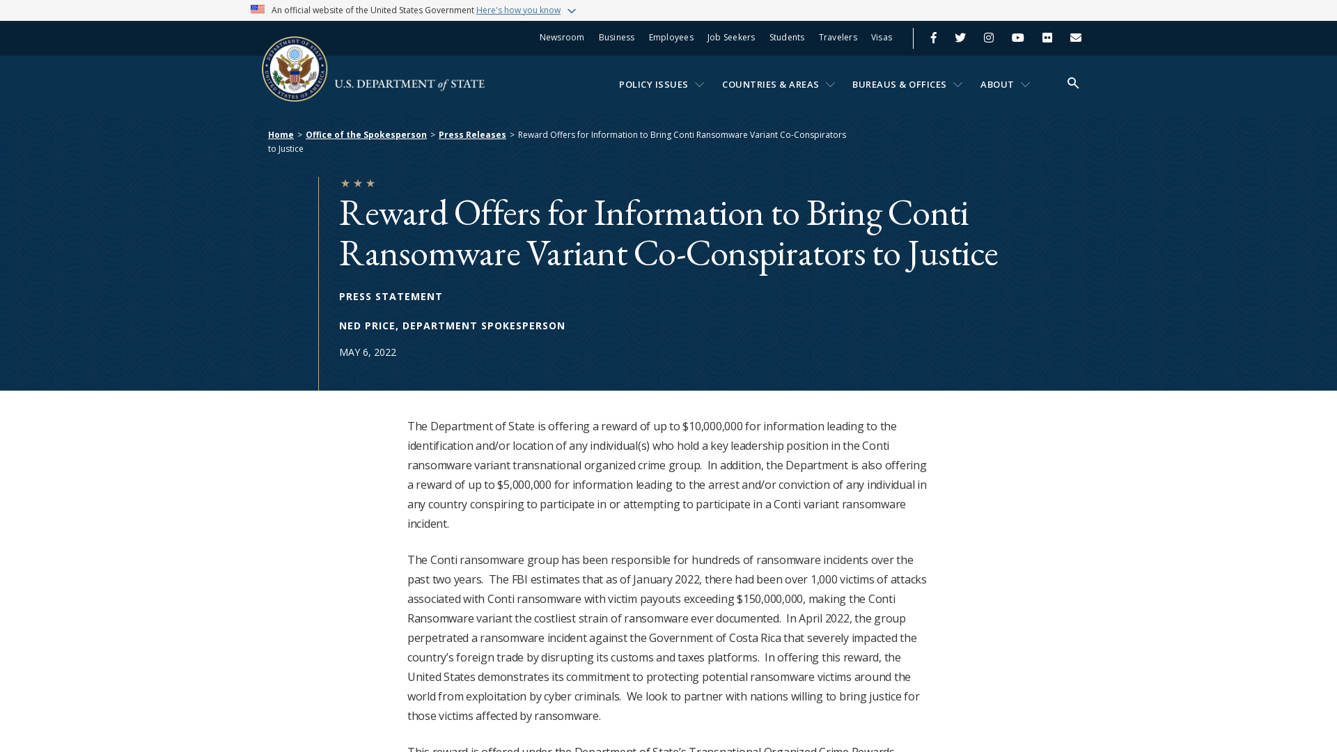 Reward Offers for Information to Bring Conti Ransomware Variant Co-Conspirators to Justice - United States Department of State