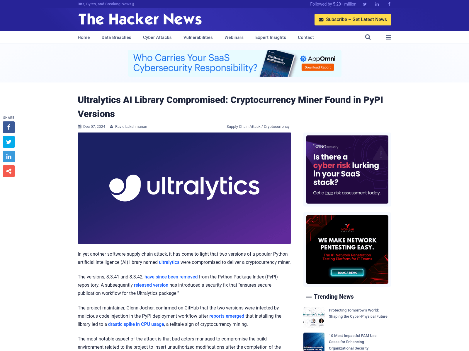 Ultralytics AI Library Compromised: Cryptocurrency Miner Found in PyPI Versions