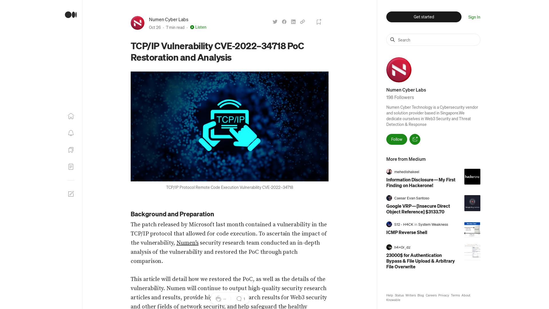 TCP/IP Vulnerability CVE-2022–34718 PoC Restoration and Analysis | by Numen Cyber Labs | Oct, 2022 | Medium