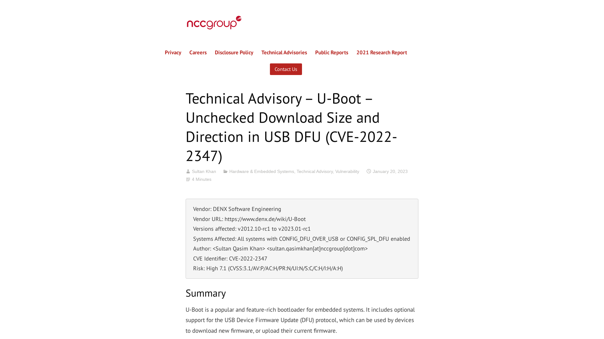 Technical Advisory – U-Boot – Unchecked Download Size and Direction in USB DFU (CVE-2022-2347) – NCC Group Research