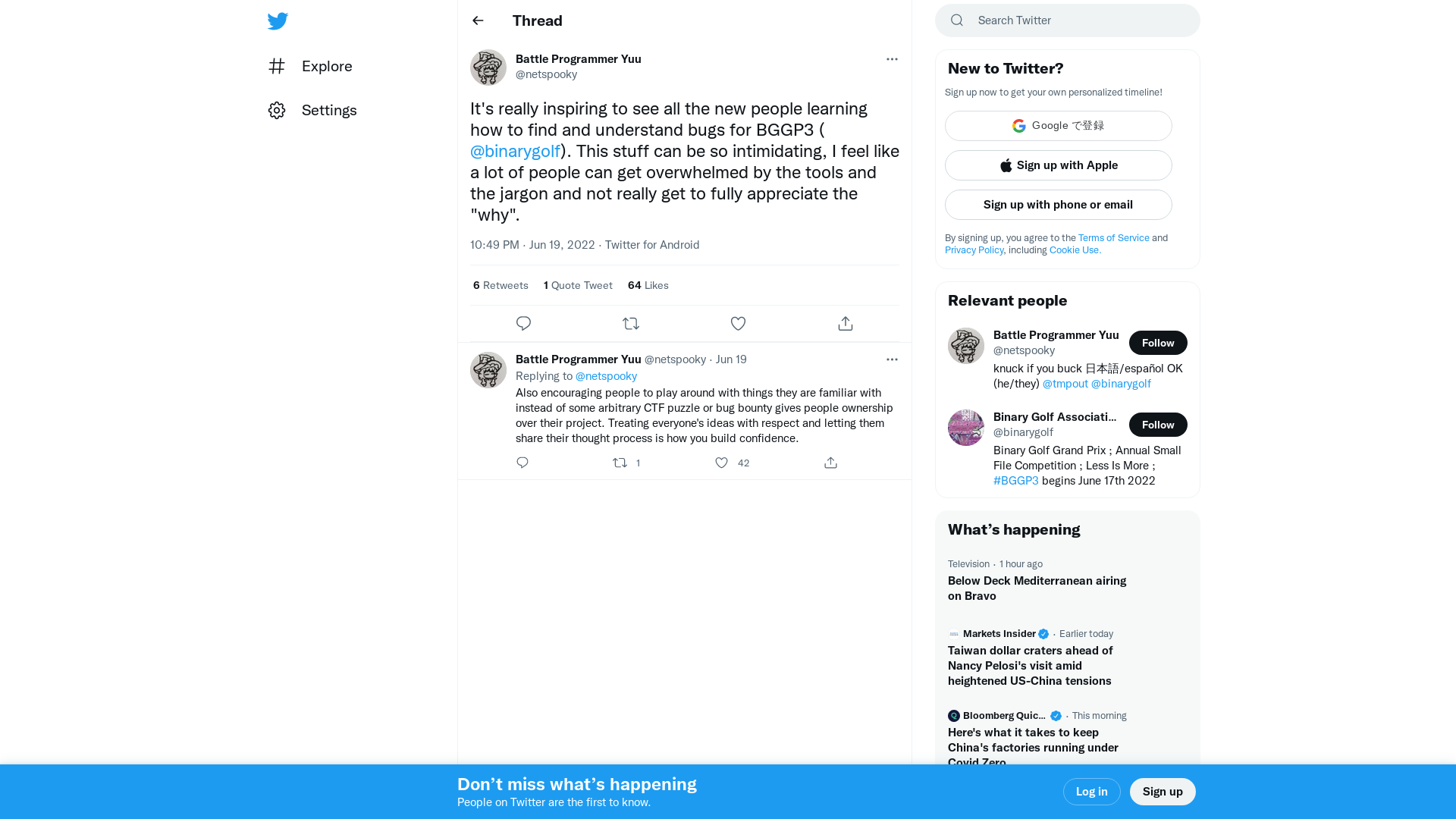 Battle Programmer Yu​u on Twitter: "It's really inspiring to see all the new people learning how to find and understand bugs for BGGP3 (@binarygolf). This stuff can be so intimidating, I feel like a lot of people can get overwhelmed by the tools and the jargon and not really get to fully appreciate the "why"." / Twitter