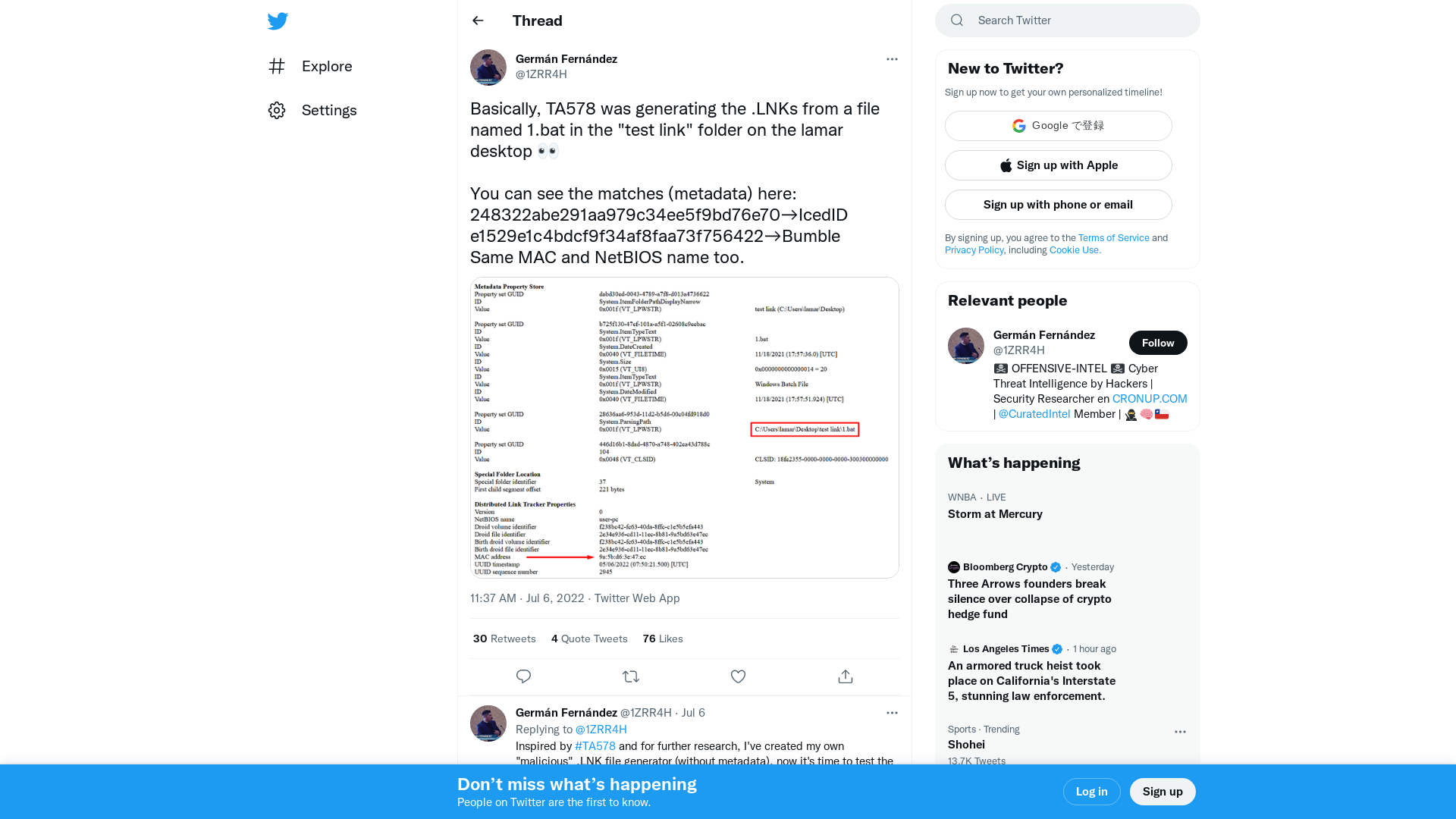 Germán Fernández on Twitter: "Basically, TA578 was generating the .LNKs from a file named 1.bat in the "test link" folder on the lamar desktop 👀 You can see the matches (metadata) here: 248322abe291aa979c34ee5f9bd76e70→IcedID e1529e1c4bdcf9f34af8faa73f756422→Bumble Same MAC and NetBIOS name too. https://t.co/tLATNzSsVJ" / Twitter