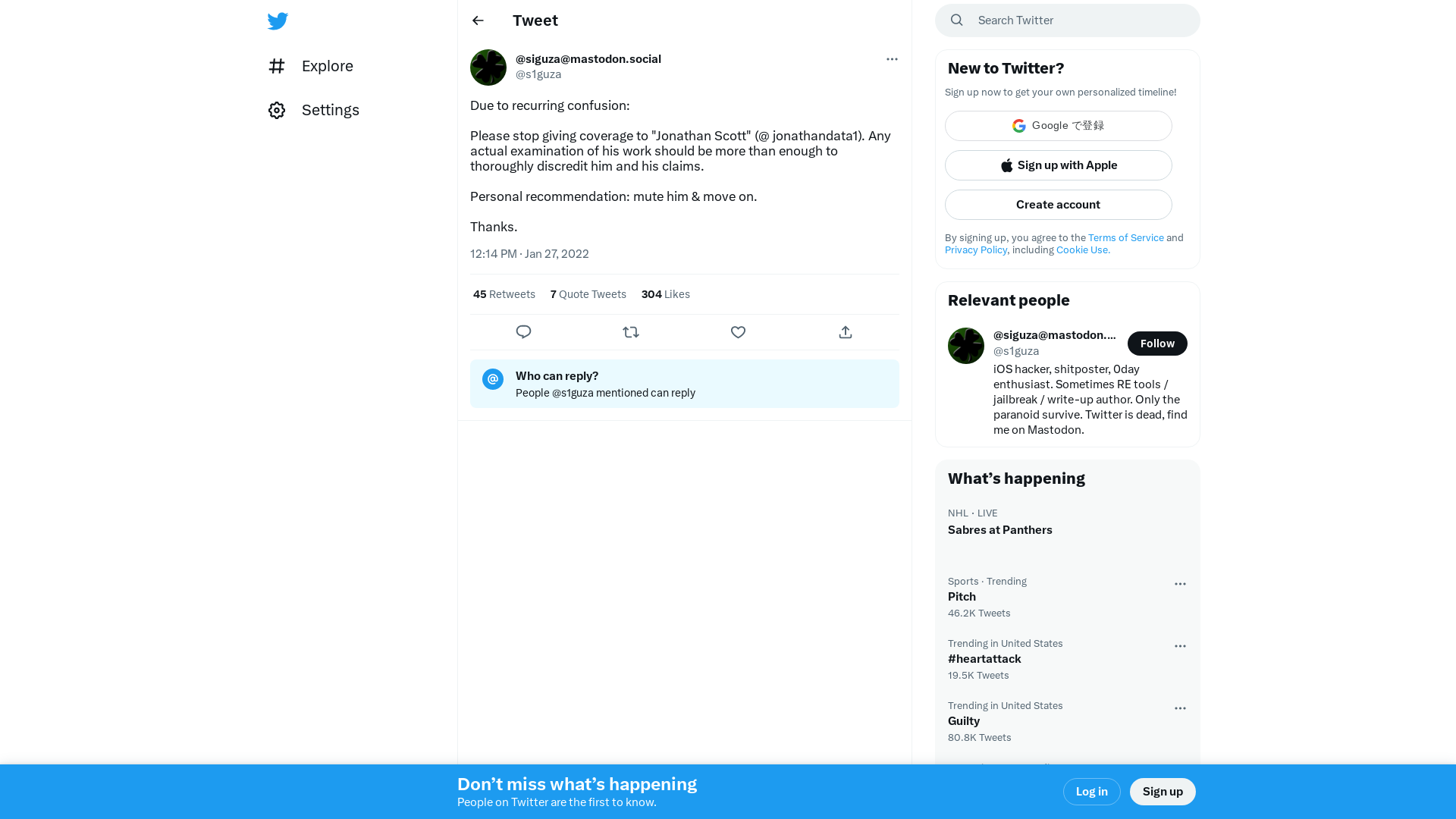 @siguza@mastodon.social on Twitter: "Due to recurring confusion: Please stop giving coverage to "Jonathan Scott" (@ jonathandata1). Any actual examination of his work should be more than enough to thoroughly discredit him and his claims. Personal recommendation: mute him &amp; move on. Thanks." / Twitter