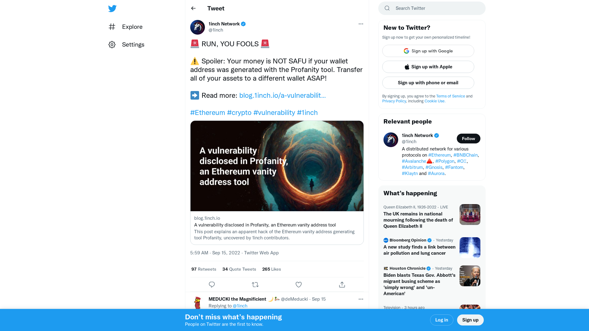 1inch Network on Twitter: "🚨 RUN, YOU FOOLS 🚨 ⚠️ Spoiler: Your money is NOT SAFU if your wallet address was generated with the Profanity tool. Transfer all of your assets to a different wallet ASAP! ➡️ Read more: https://t.co/oczK6tlEqG #Ethereum #crypto #vulnerability #1inch" / Twitter