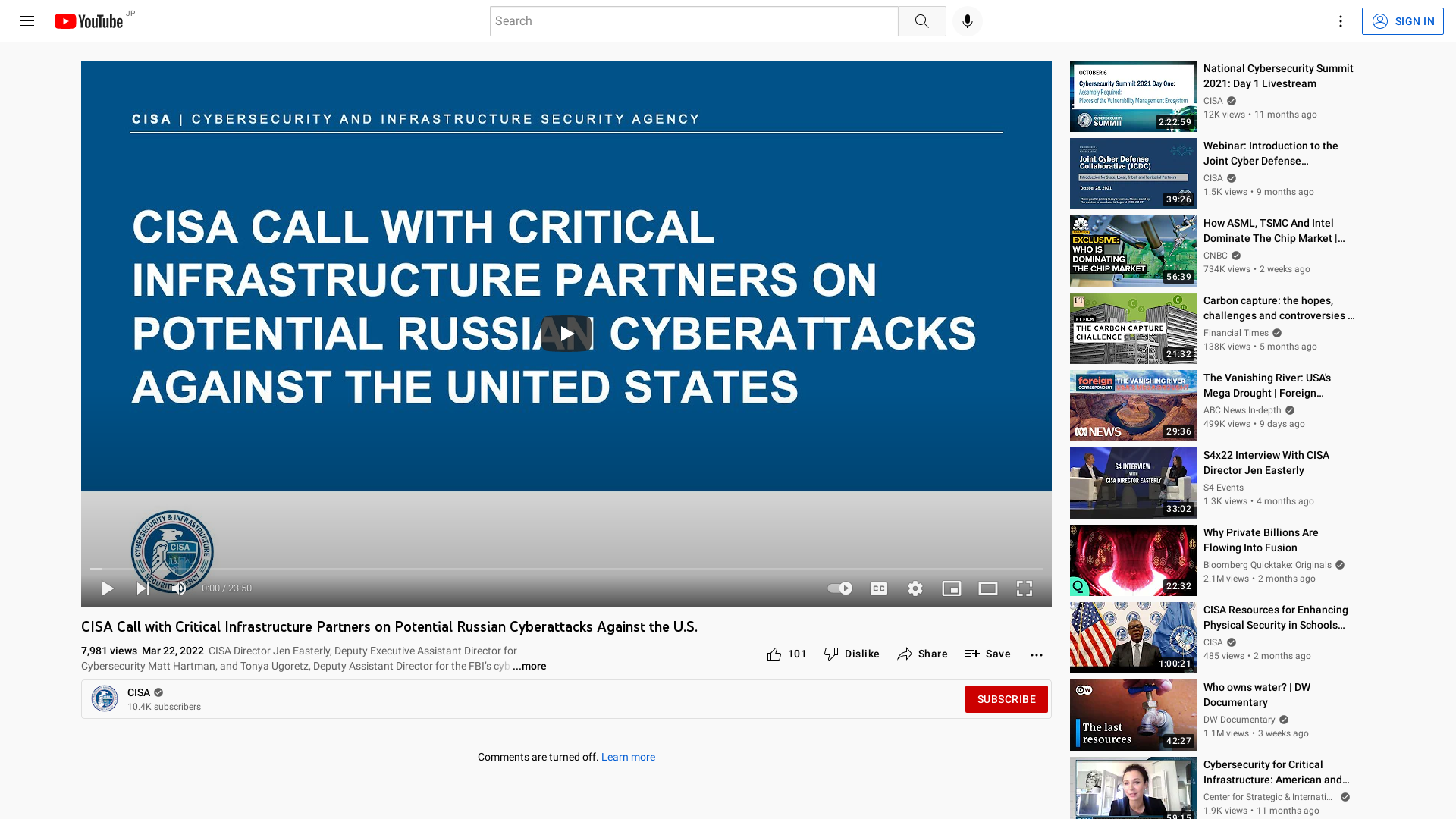 CISA Call with Critical Infrastructure Partners on Potential Russian Cyberattacks Against the U.S. - YouTube