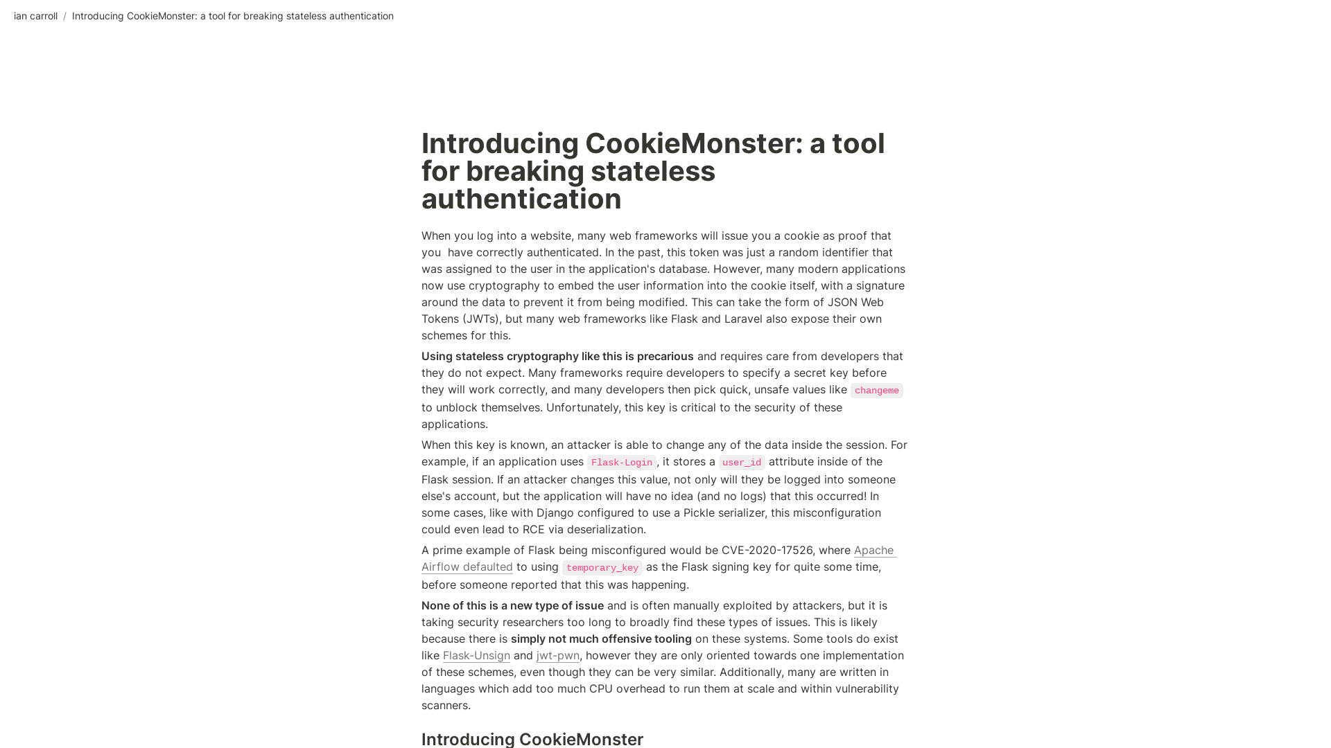 Introducing CookieMonster: a tool for breaking stateless authentication