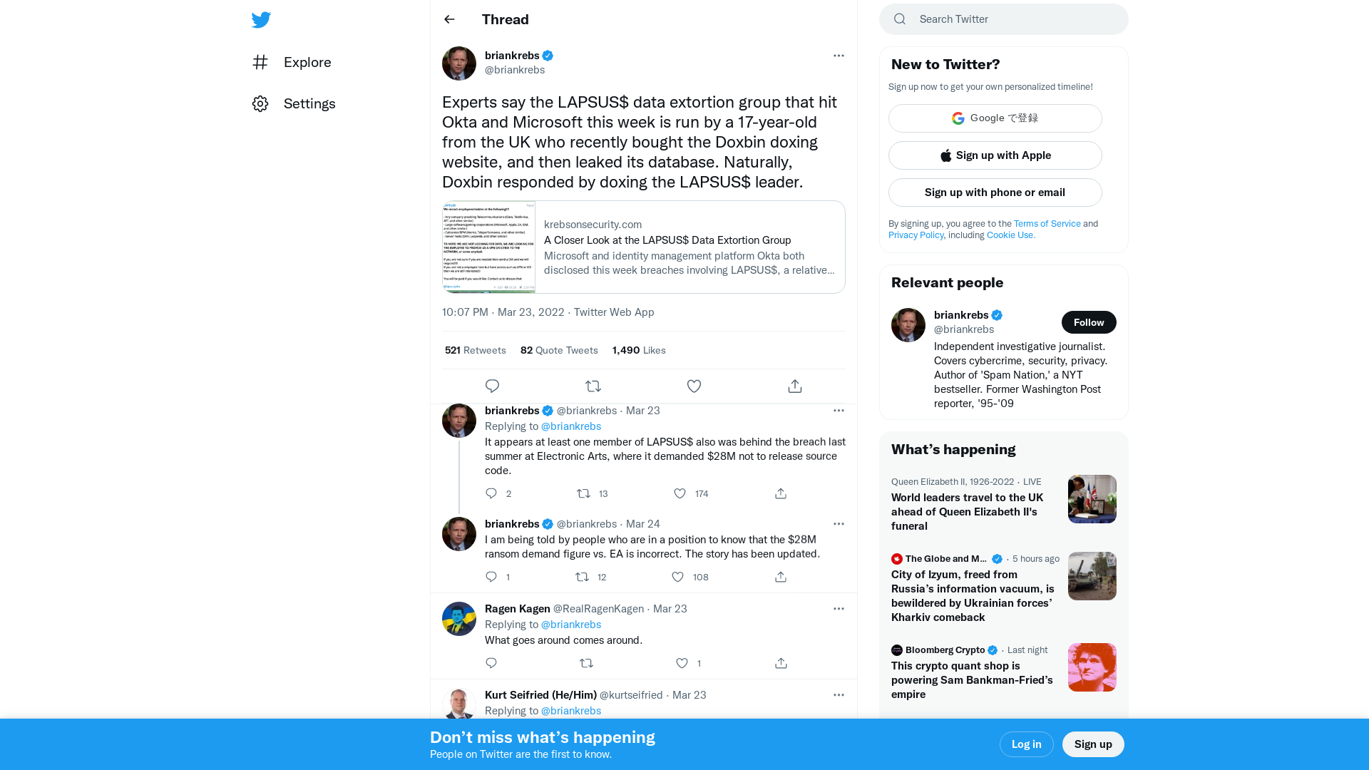 briankrebs on Twitter: "Experts say the LAPSUS$ data extortion group that hit Okta and Microsoft this week is run by a 17-year-old from the UK who recently bought the Doxbin doxing website, and then leaked its database. Naturally, Doxbin responded by doxing the LAPSUS$ leader. https://t.co/bJ2V4Xy74S" / Twitter