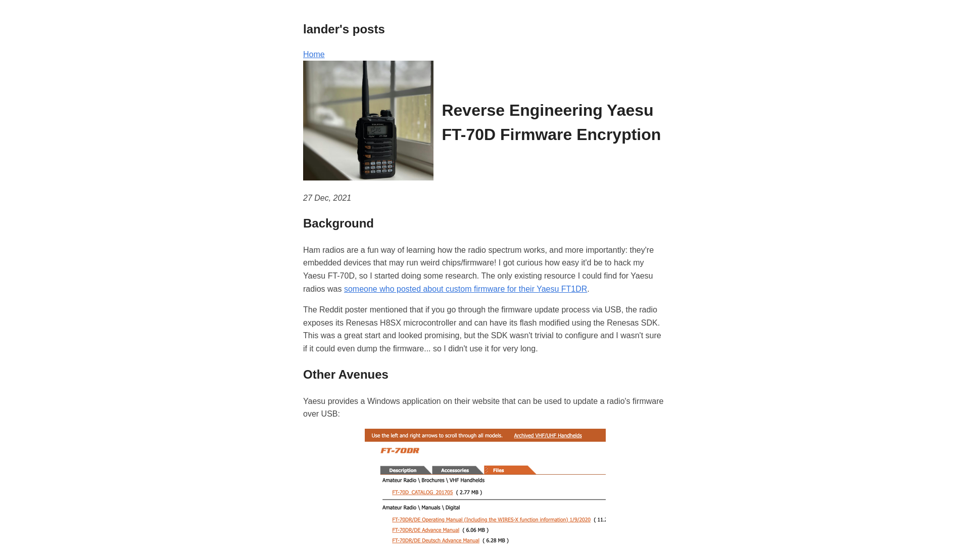 Reverse Engineering Yaesu FT-70D Firmware Encryption | lander's posts